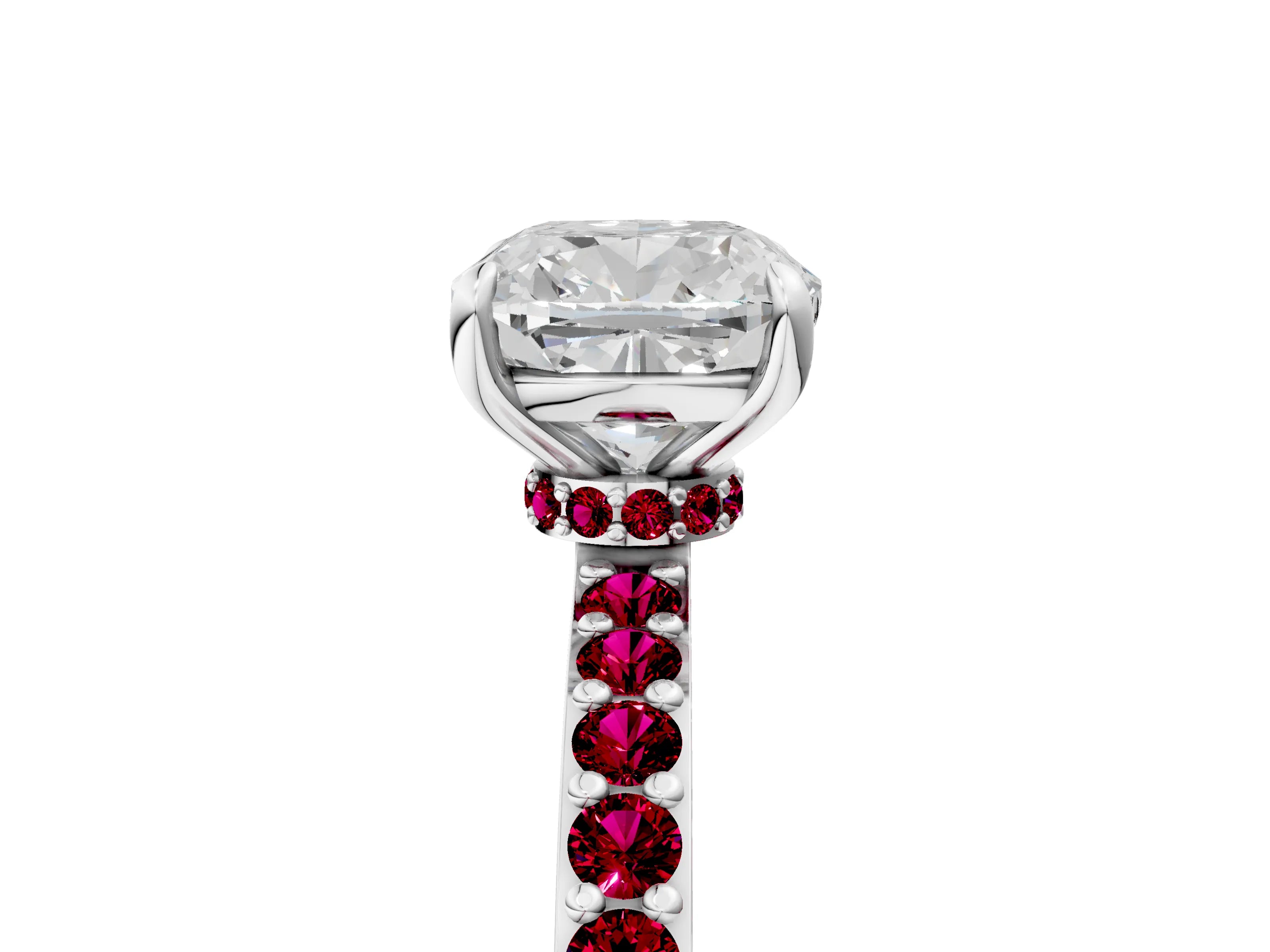 White gold Cushion Cut Diamond Pavé Engagement Ring with Round with Garnet side stone Accents and Prong Setting_17