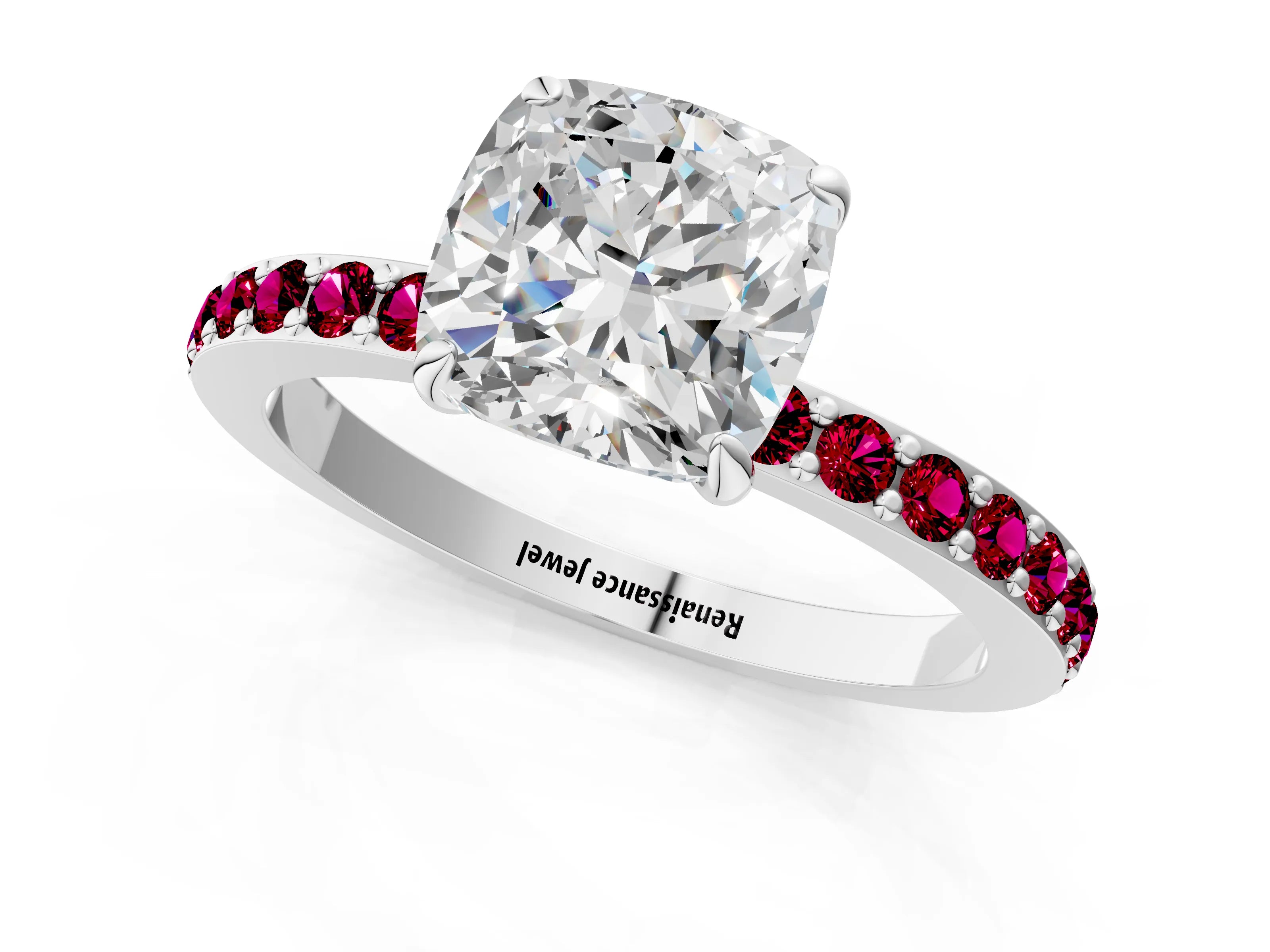White gold Cushion Cut Diamond Pavé Engagement Ring with Round with Garnet side stone Accents and Prong Setting_1