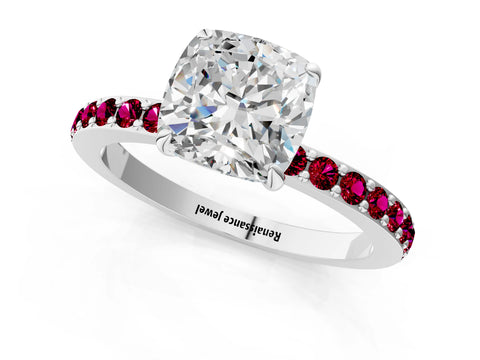 White gold Cushion Cut Diamond Pavé Engagement Ring with Round with Garnet side stone Accents and Prong Setting_1