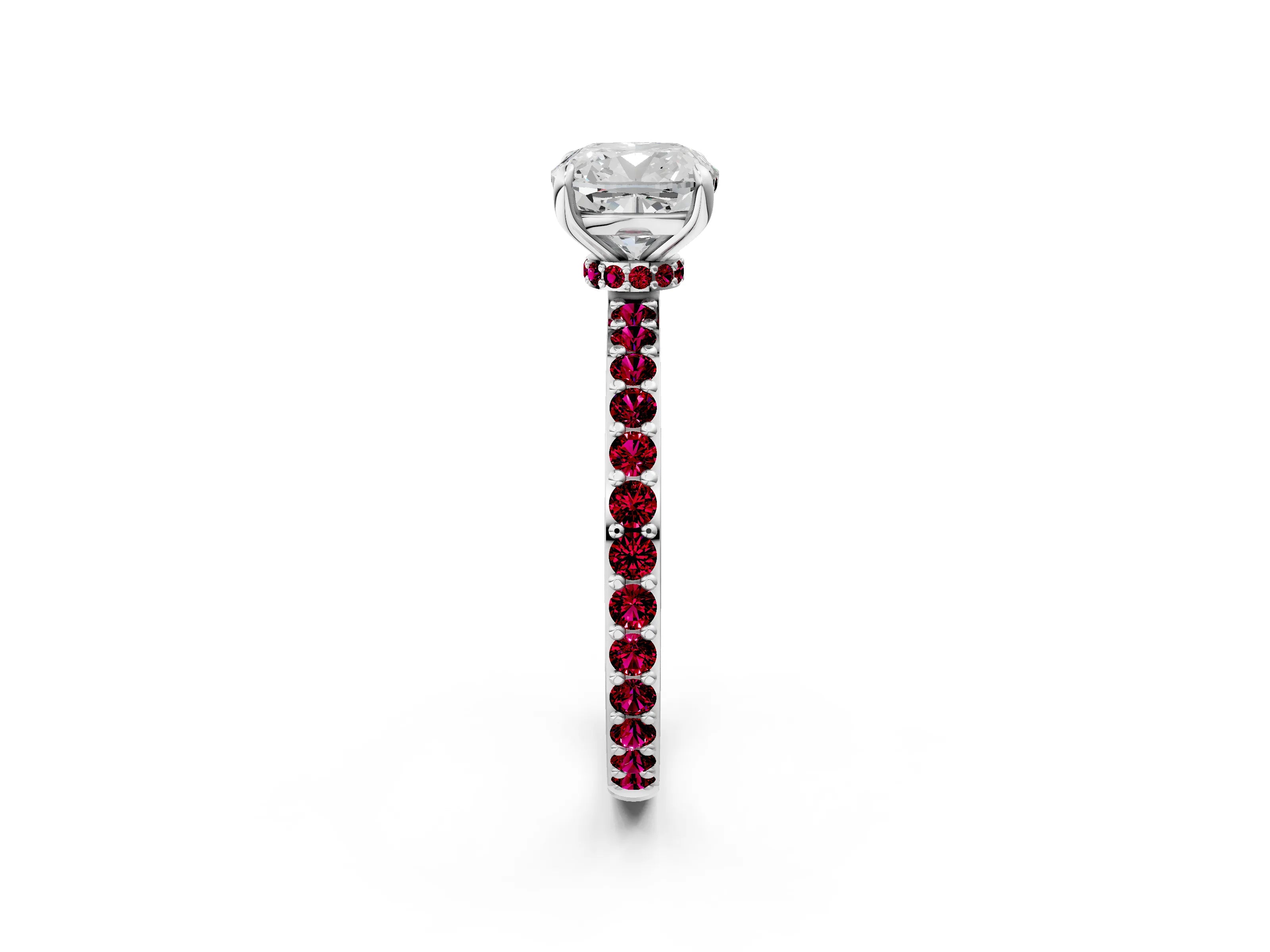 White gold Cushion Cut Diamond Pavé Engagement Ring with Round with Garnet side stone Accents and Prong Setting_2