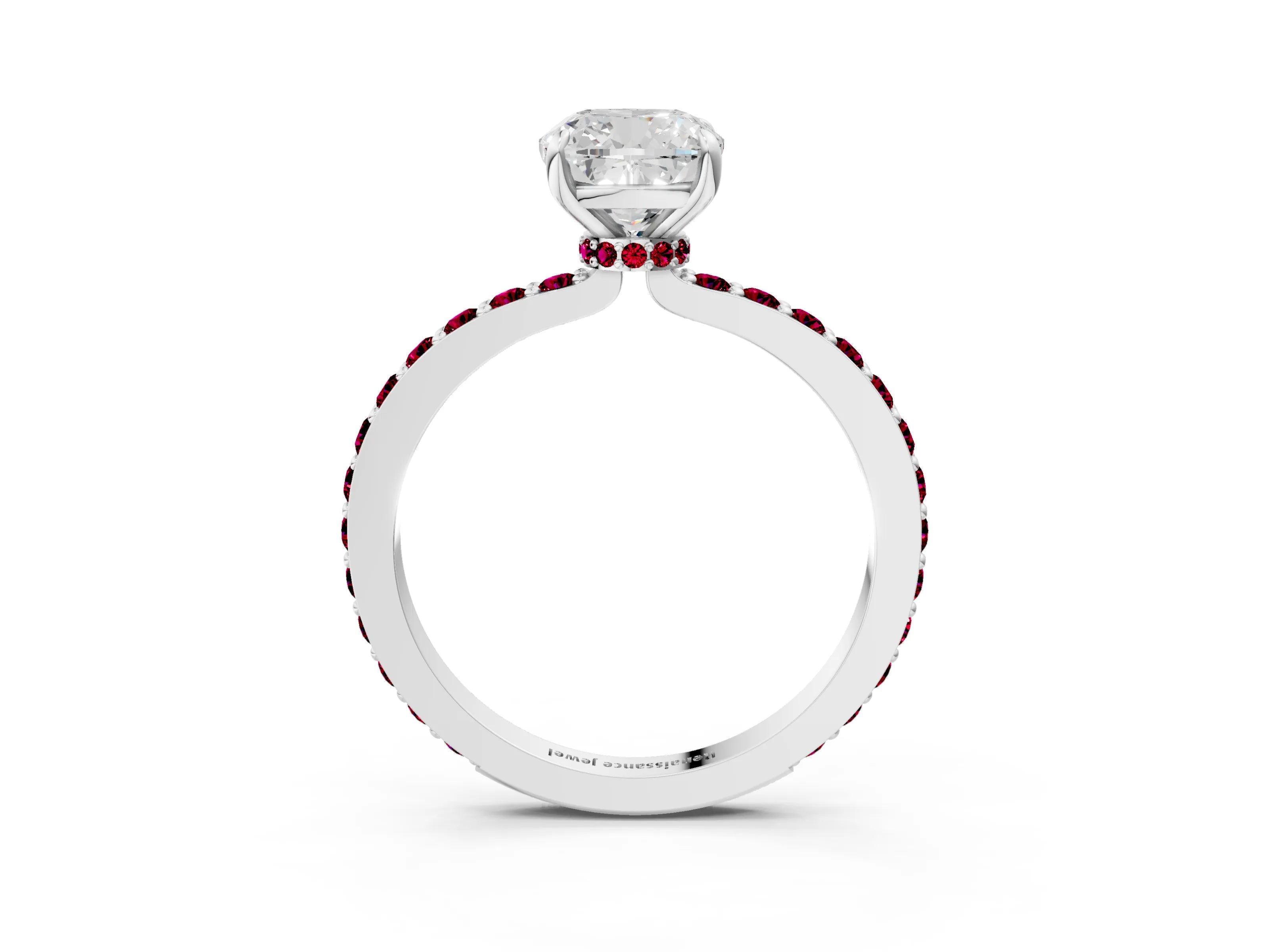 White gold Cushion Cut Diamond Pavé Engagement Ring with Round with Garnet side stone Accents and Prong Setting_3