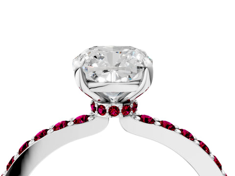 White gold Cushion Cut Diamond Pavé Engagement Ring with Round with Garnet side stone Accents and Prong Setting_4