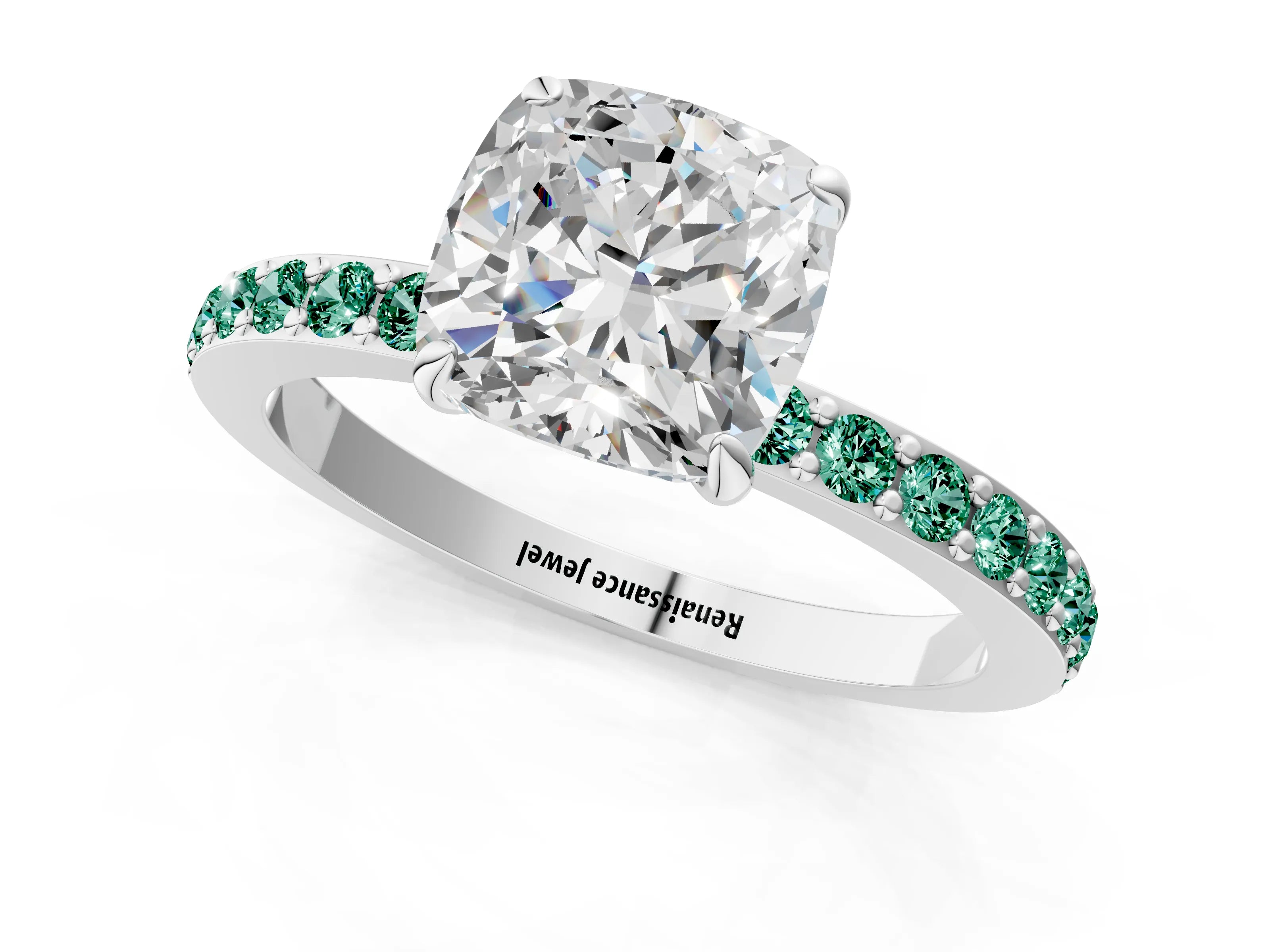 White gold Cushion Cut Diamond Pavé Engagement Ring with Round with Green Sapphire side stone Accents and Prong Setting_13