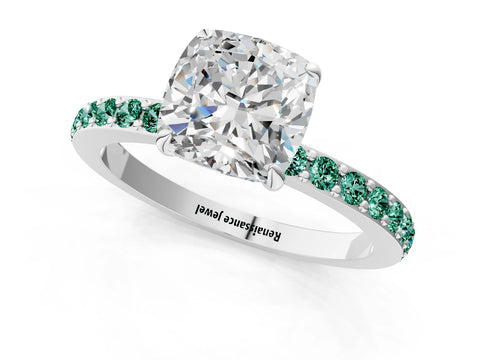 White gold Cushion Cut Diamond Pavé Engagement Ring with Round with Green Sapphire side stone Accents and Prong Setting_13
