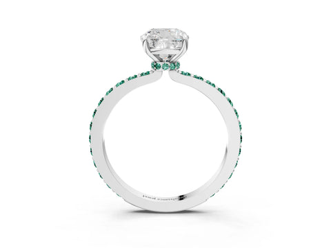 White gold Cushion Cut Diamond Pavé Engagement Ring with Round with Green Sapphire side stone Accents and Prong Setting_15
