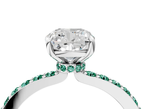White gold Cushion Cut Diamond Pavé Engagement Ring with Round with Green Sapphire side stone Accents and Prong Setting_16