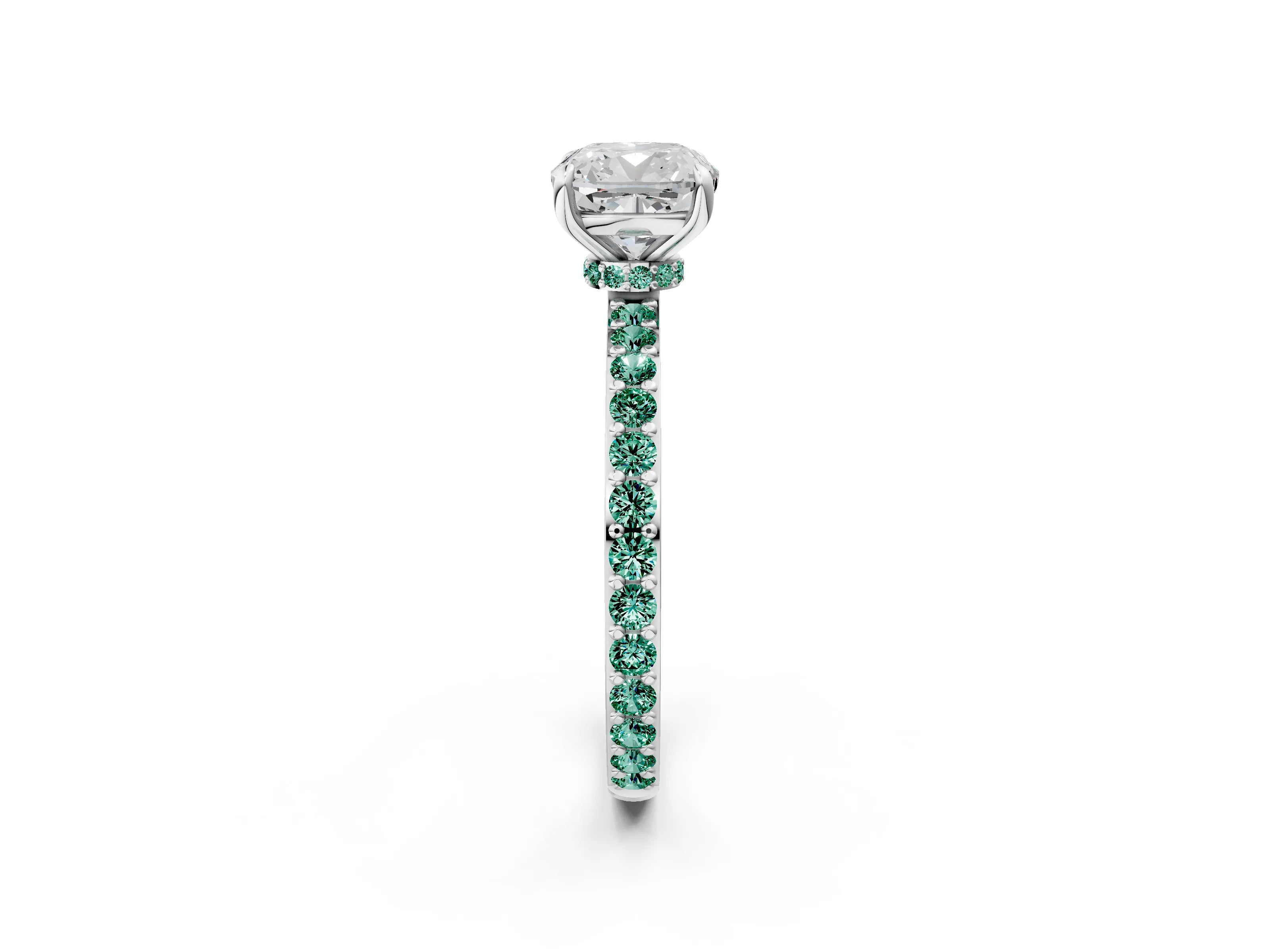 White gold Cushion Cut Diamond Pavé Engagement Ring with Round with Green Sapphire side stone Accents and Prong Setting_2