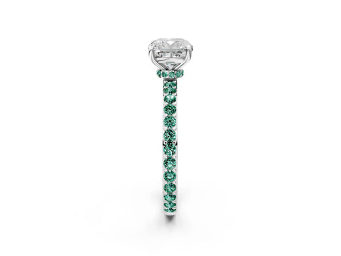 White gold Cushion Cut Diamond Pavé Engagement Ring with Round with Green Sapphire side stone Accents and Prong Setting_2