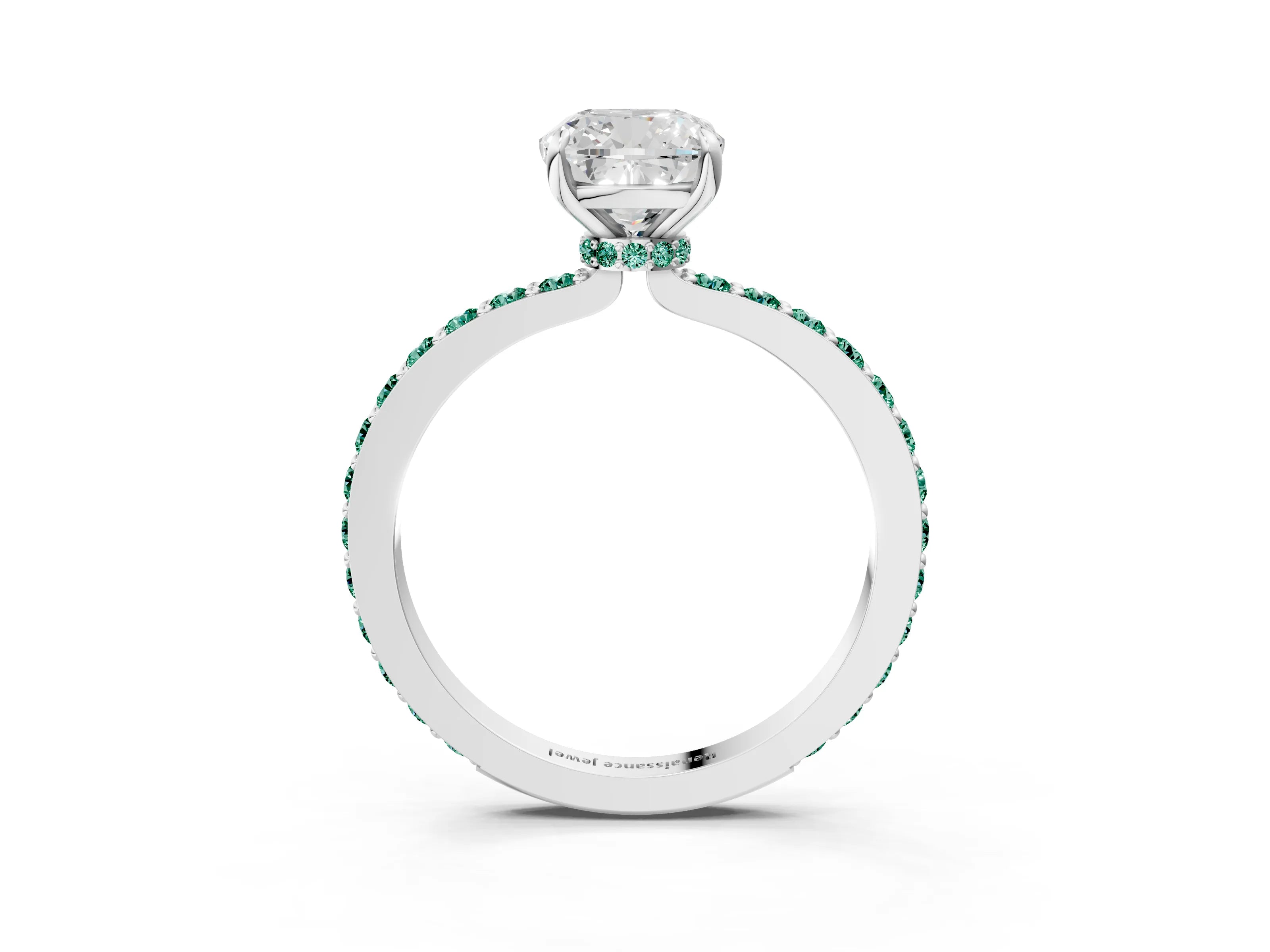 White gold Cushion Cut Diamond Pavé Engagement Ring with Round with Green Sapphire side stone Accents and Prong Setting_3