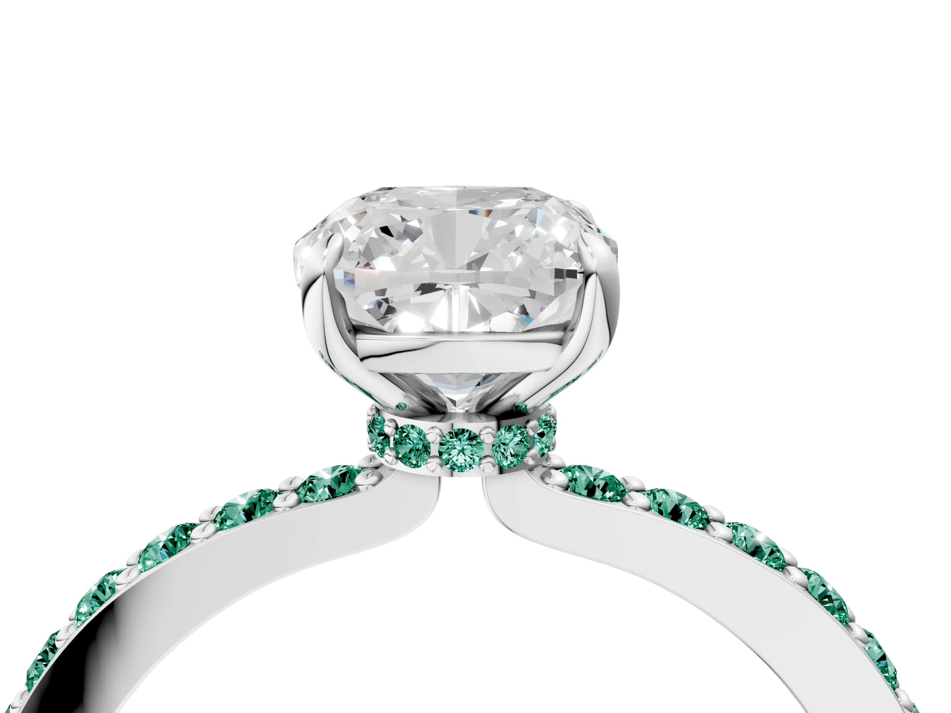 White gold Cushion Cut Diamond Pavé Engagement Ring with Round with Green Sapphire side stone Accents and Prong Setting_4