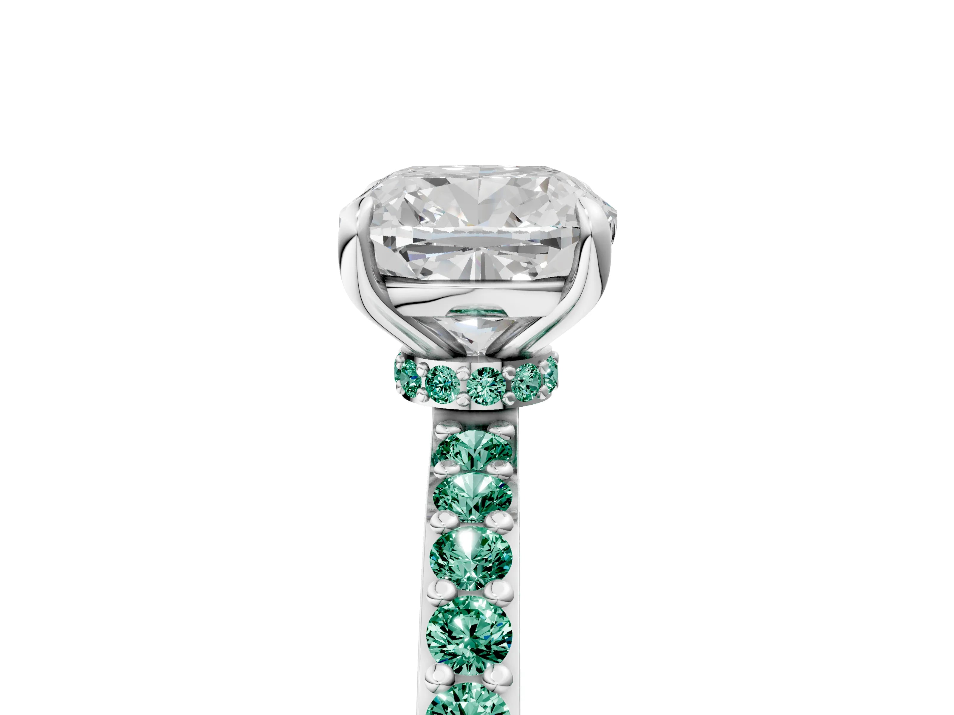 White gold Cushion Cut Diamond Pavé Engagement Ring with Round with Green Sapphire side stone Accents and Prong Setting_5