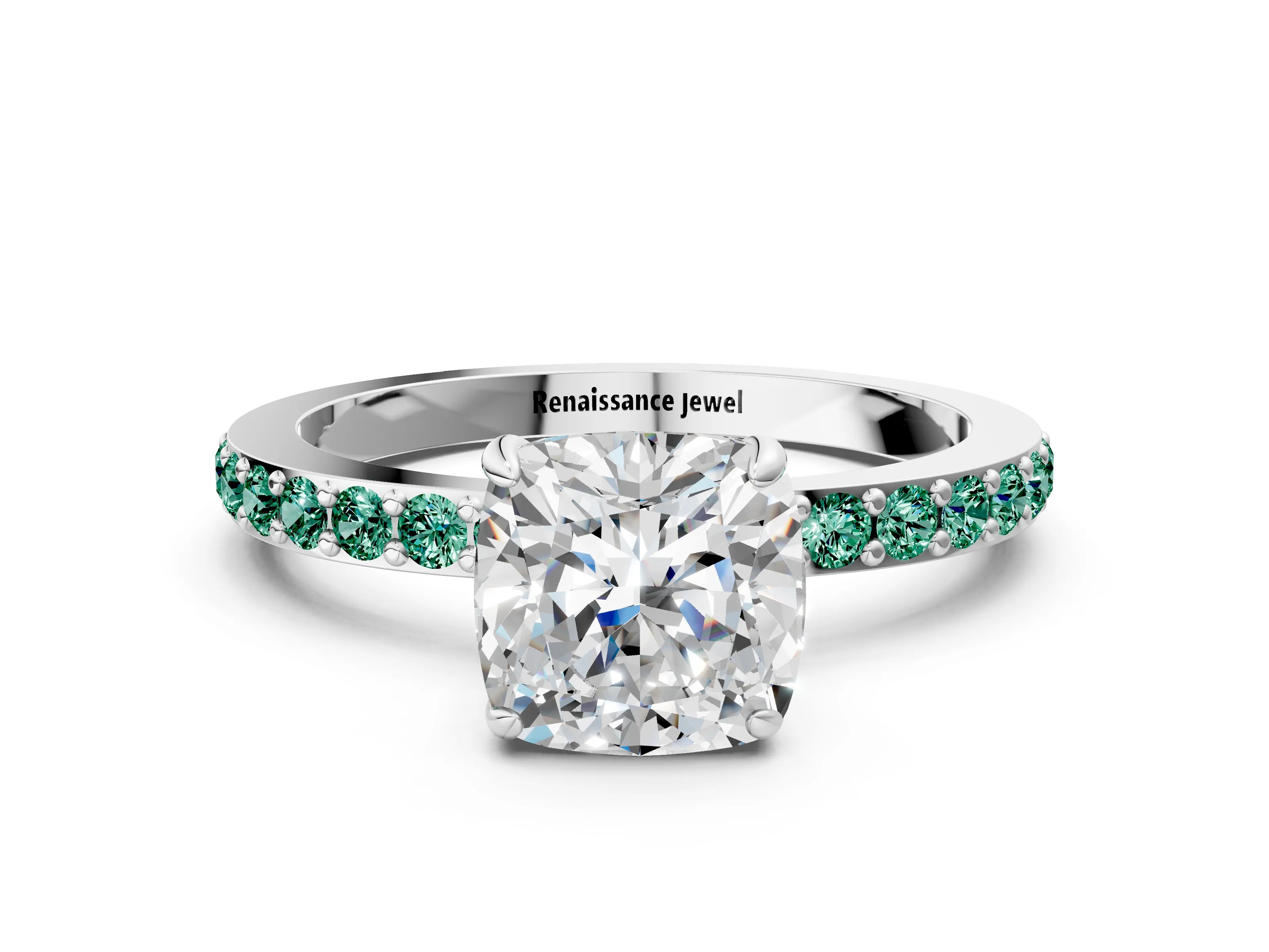White gold Cushion Cut Diamond Pavé Engagement Ring with Round with Green Sapphire side stone Accents and Prong Setting