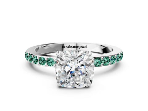 White gold Cushion Cut Diamond Pavé Engagement Ring with Round with Green Sapphire side stone Accents and Prong Setting