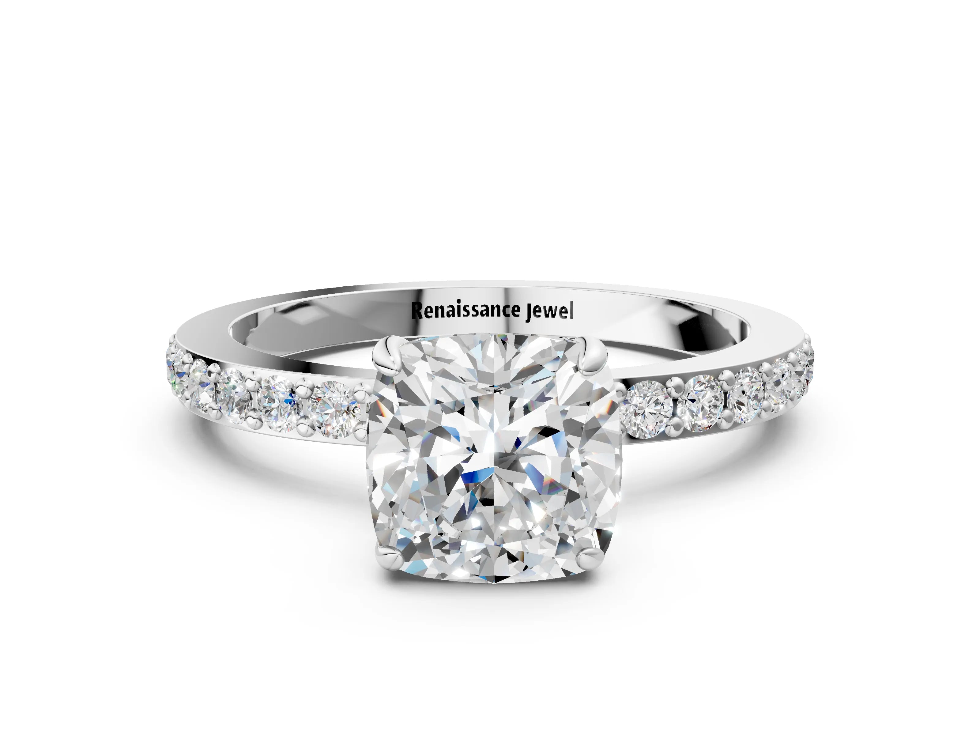 White gold Cushion Cut Diamond Pavé Engagement Ring with Round with Moissanite side stone Accents and Prong Setting
