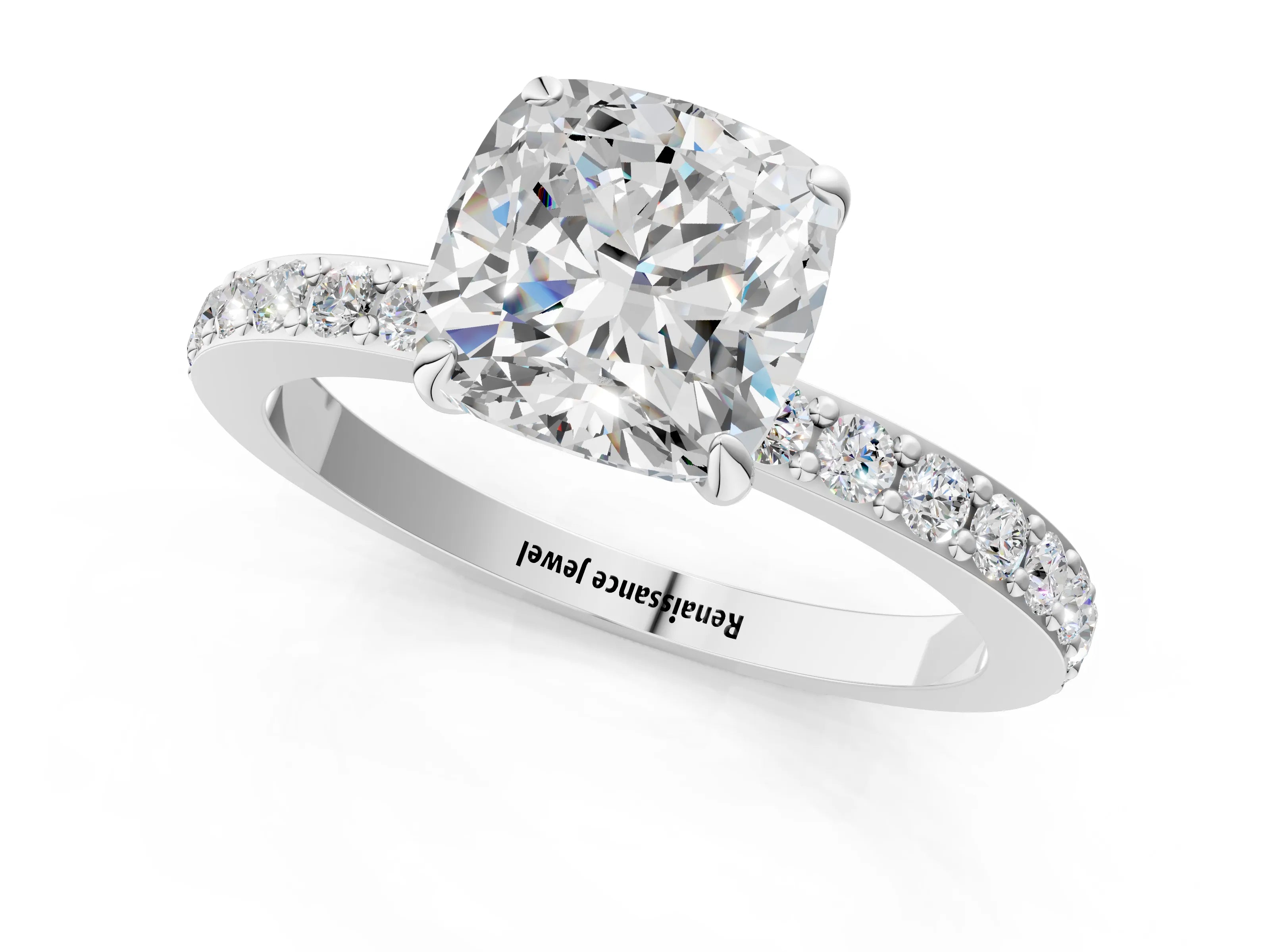 White gold Cushion Cut Diamond Pavé Engagement Ring with Round with Moissanite side stone Accents and Prong Setting_13