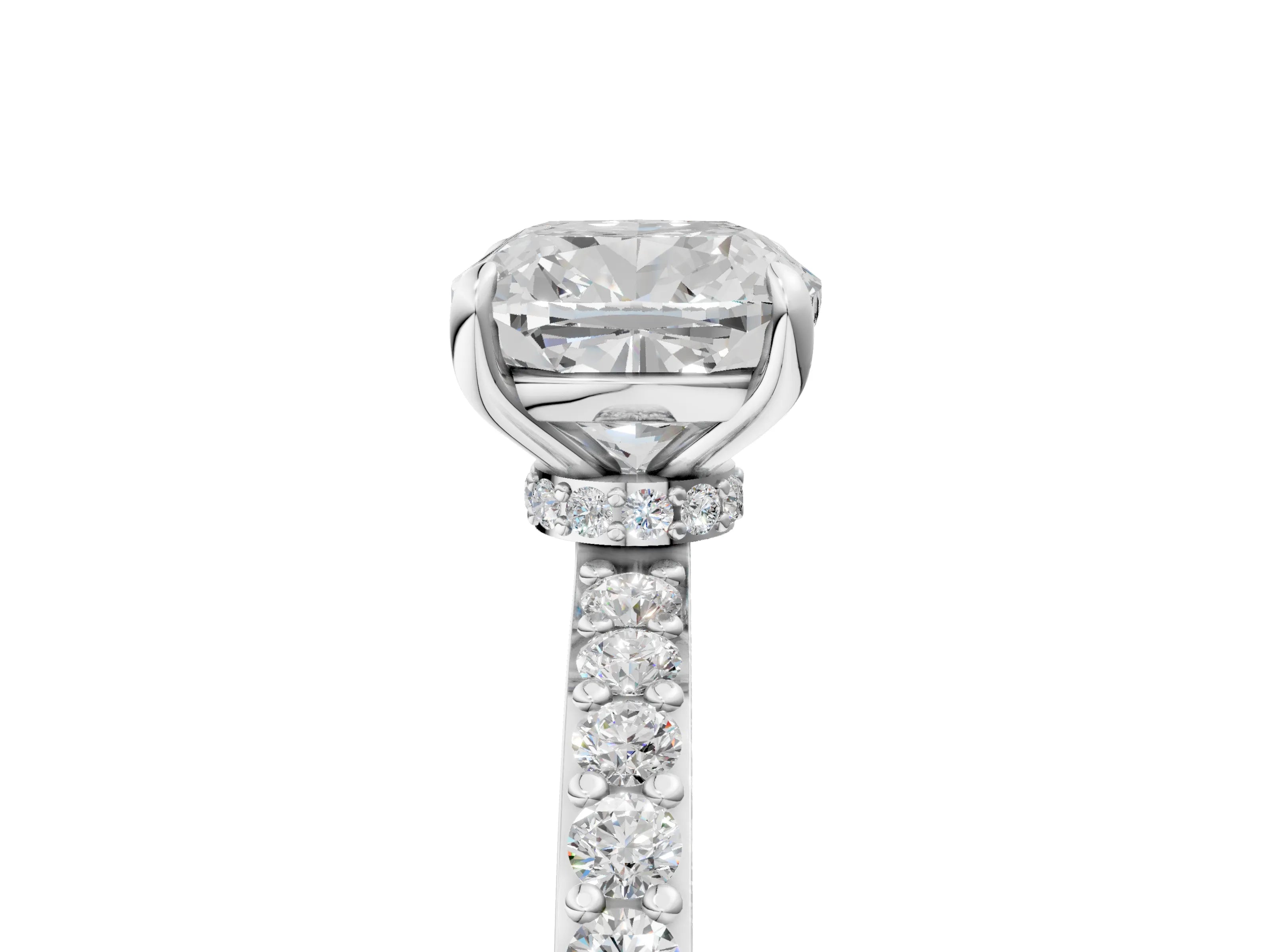 White gold Cushion Cut Diamond Pavé Engagement Ring with Round with Moissanite side stone Accents and Prong Setting_17
