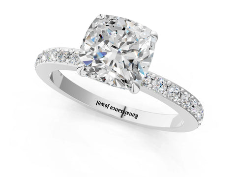 White gold Cushion Cut Diamond Pavé Engagement Ring with Round with Moissanite side stone Accents and Prong Setting_1