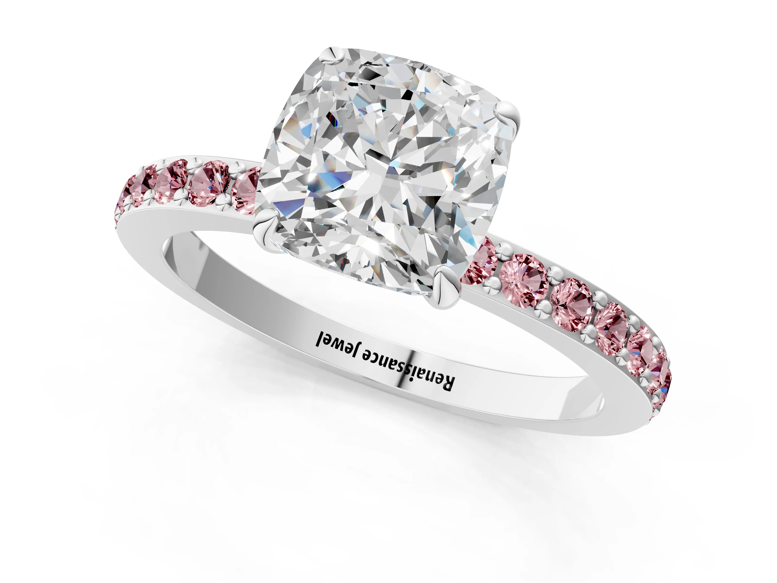 White gold Cushion Cut Diamond Pavé Engagement Ring with Round with Morganite side stone Accents and Prong Setting_13
