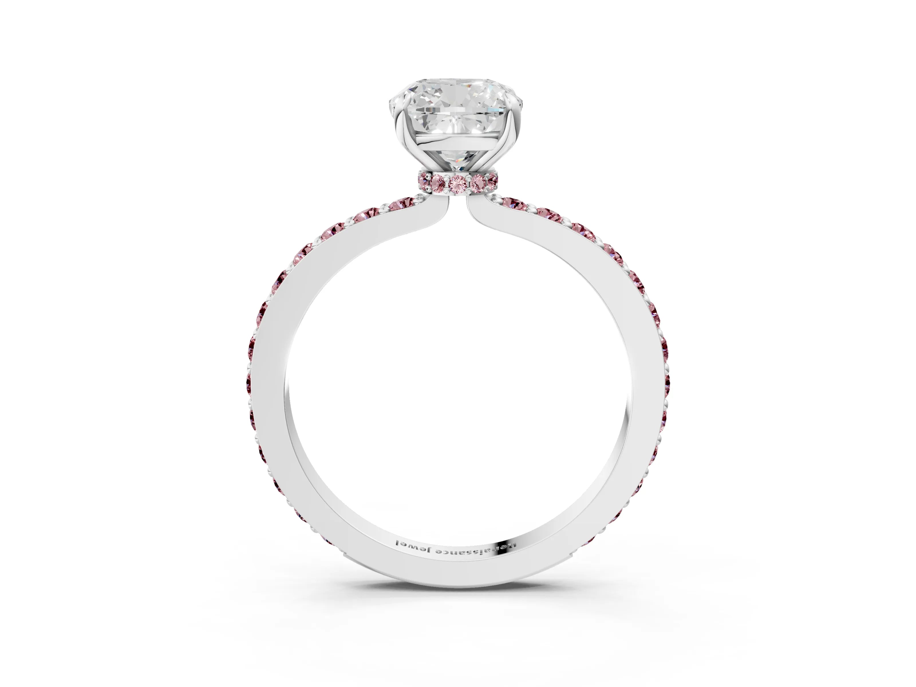 White gold Cushion Cut Diamond Pavé Engagement Ring with Round with Morganite side stone Accents and Prong Setting_15