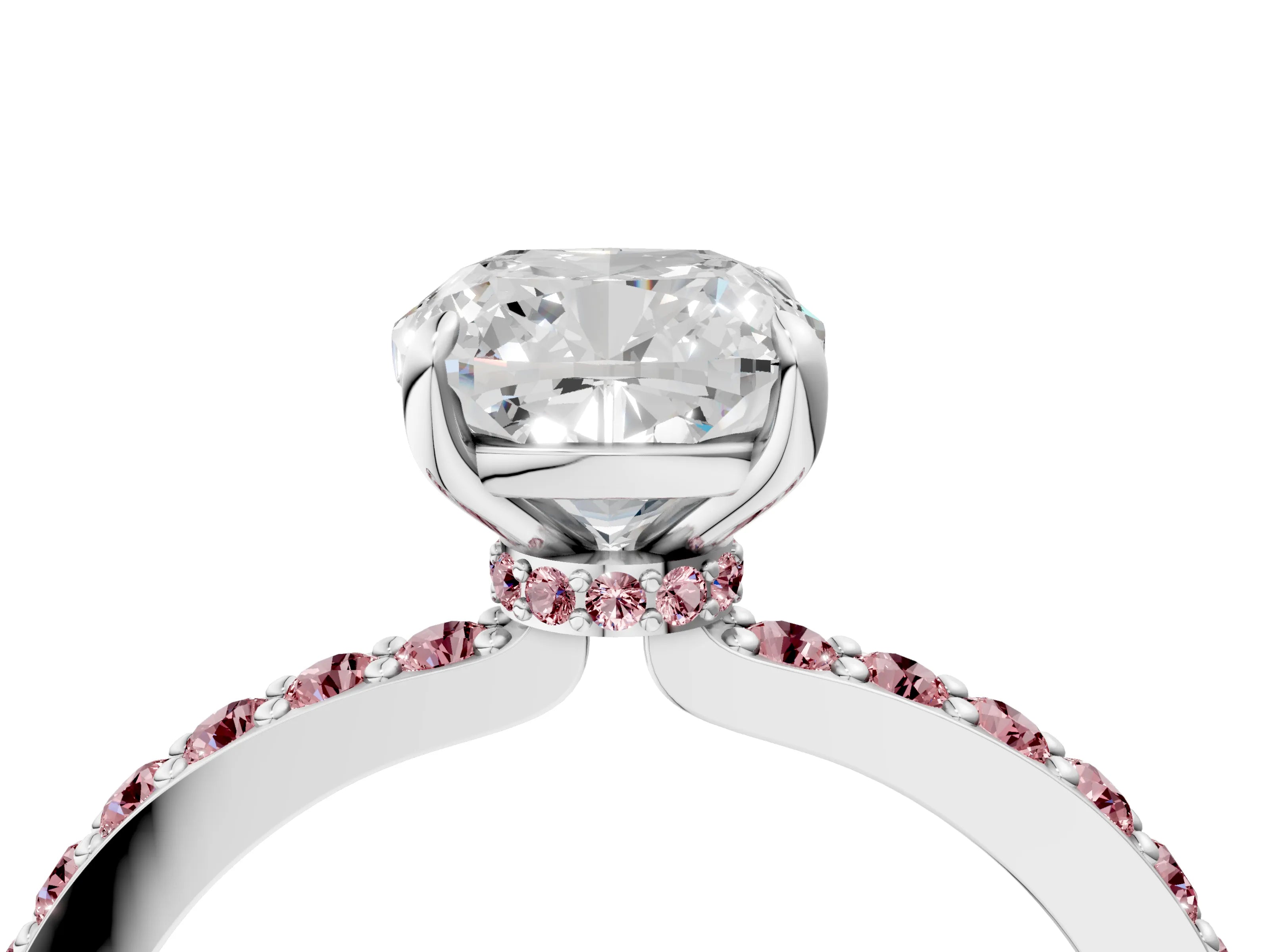White gold Cushion Cut Diamond Pavé Engagement Ring with Round with Morganite side stone Accents and Prong Setting_16