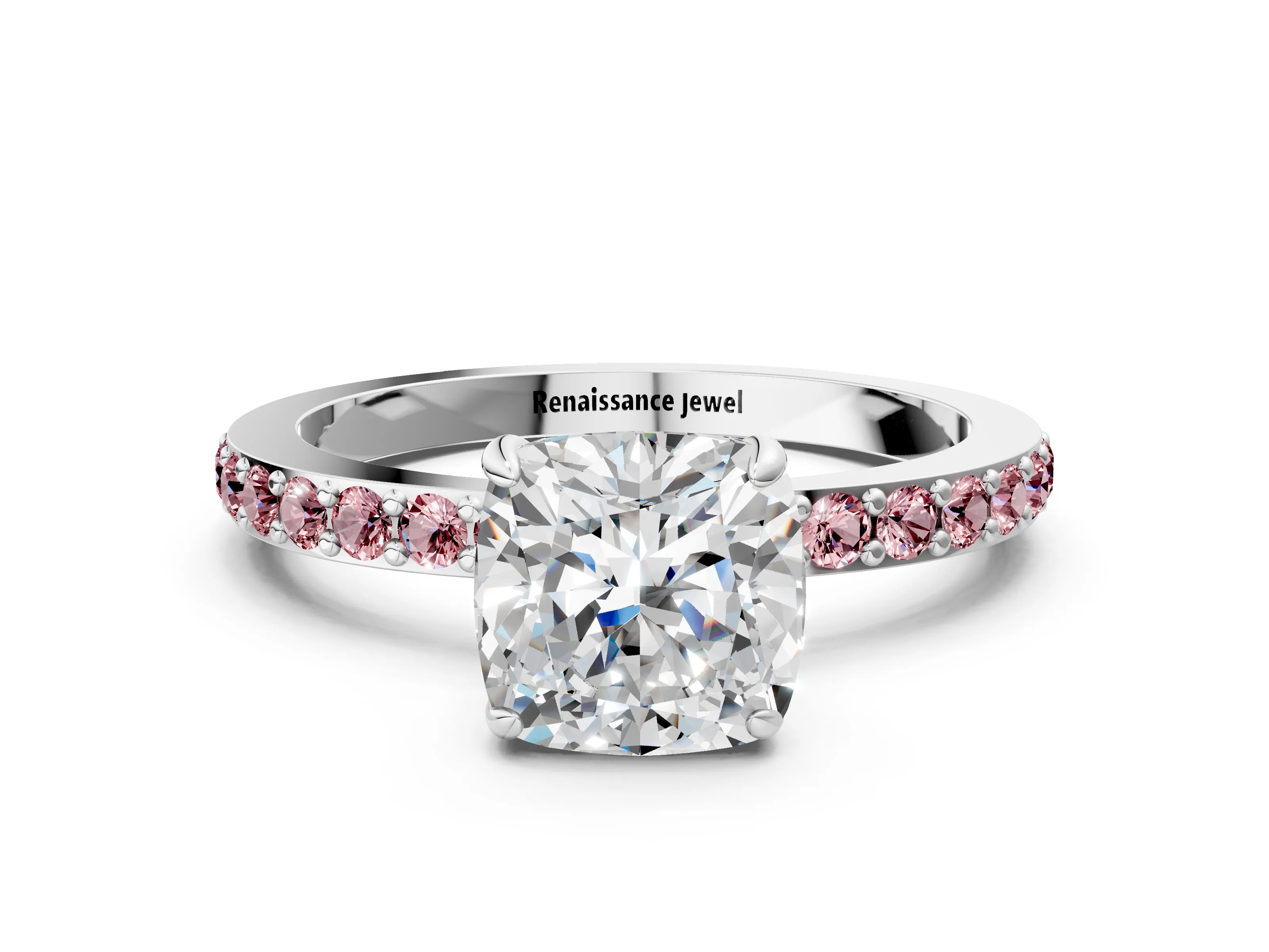 White gold Cushion Cut Diamond Pavé Engagement Ring with Round with Morganite side stone Accents and Prong Setting
