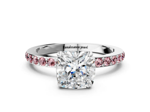 White gold Cushion Cut Diamond Pavé Engagement Ring with Round with Morganite side stone Accents and Prong Setting