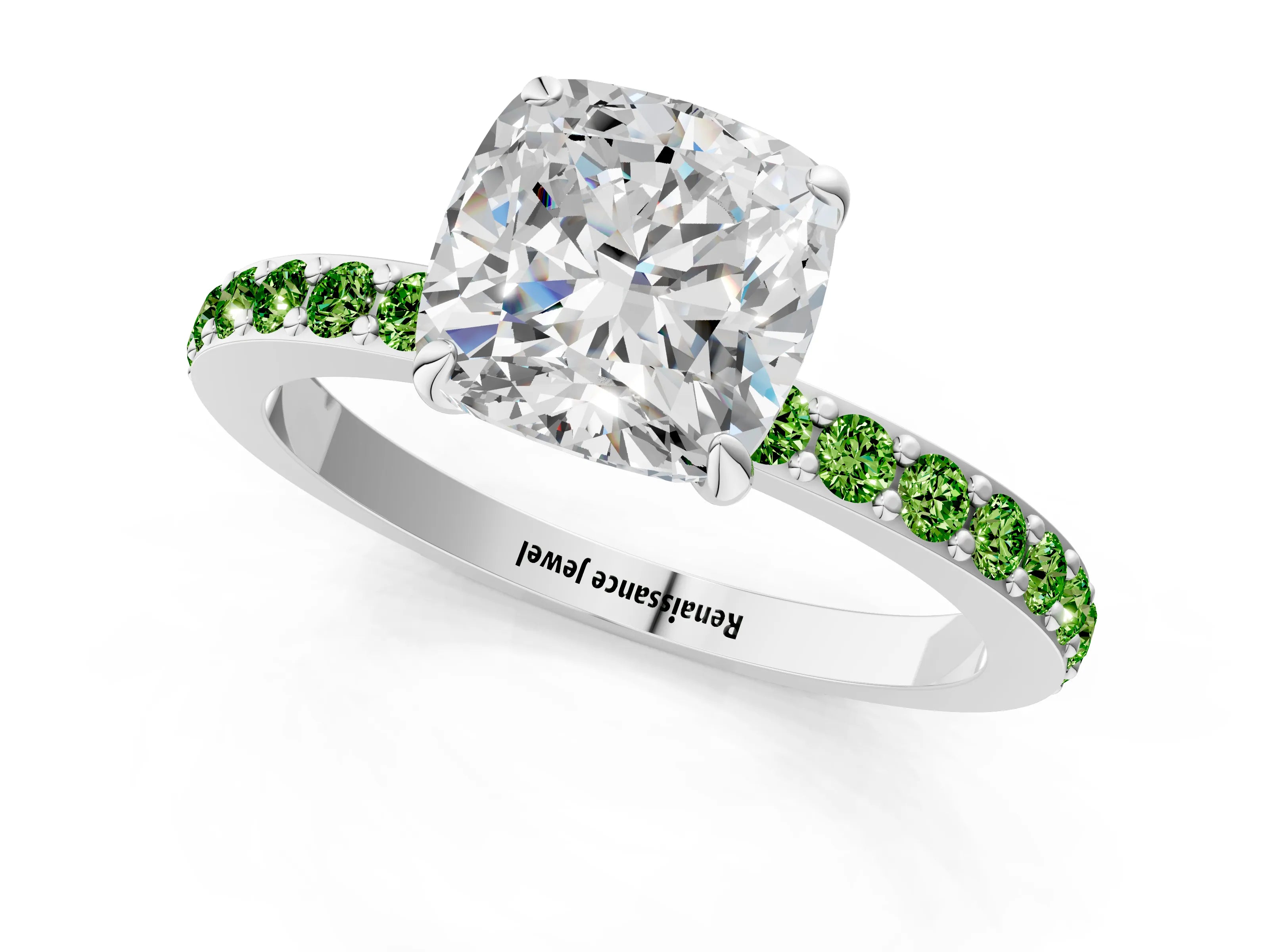 White gold Cushion Cut Diamond Pavé Engagement Ring with Round with Peridot side stone Accents and Prong Setting_1
