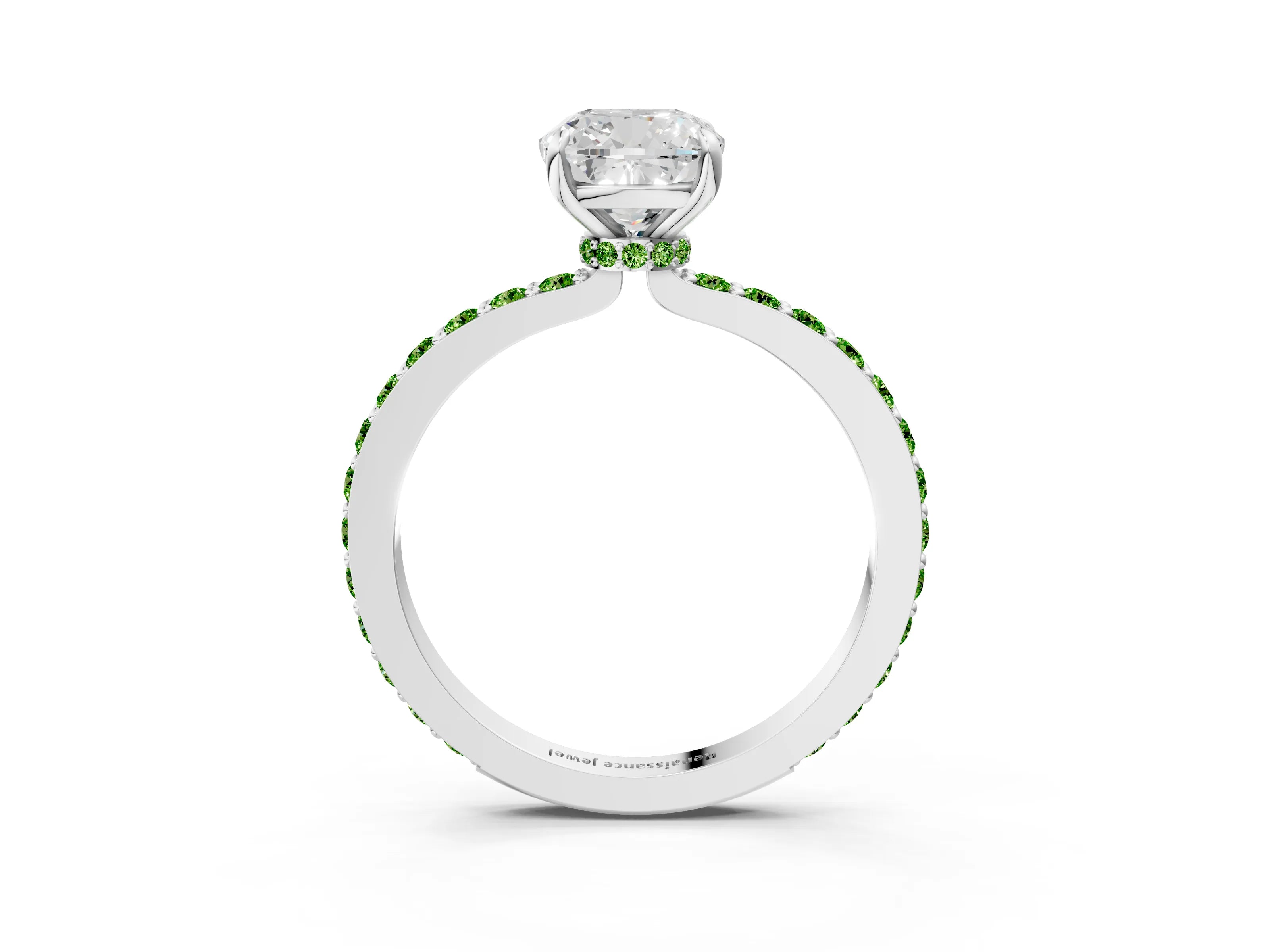 White gold Cushion Cut Diamond Pavé Engagement Ring with Round with Peridot side stone Accents and Prong Setting_15
