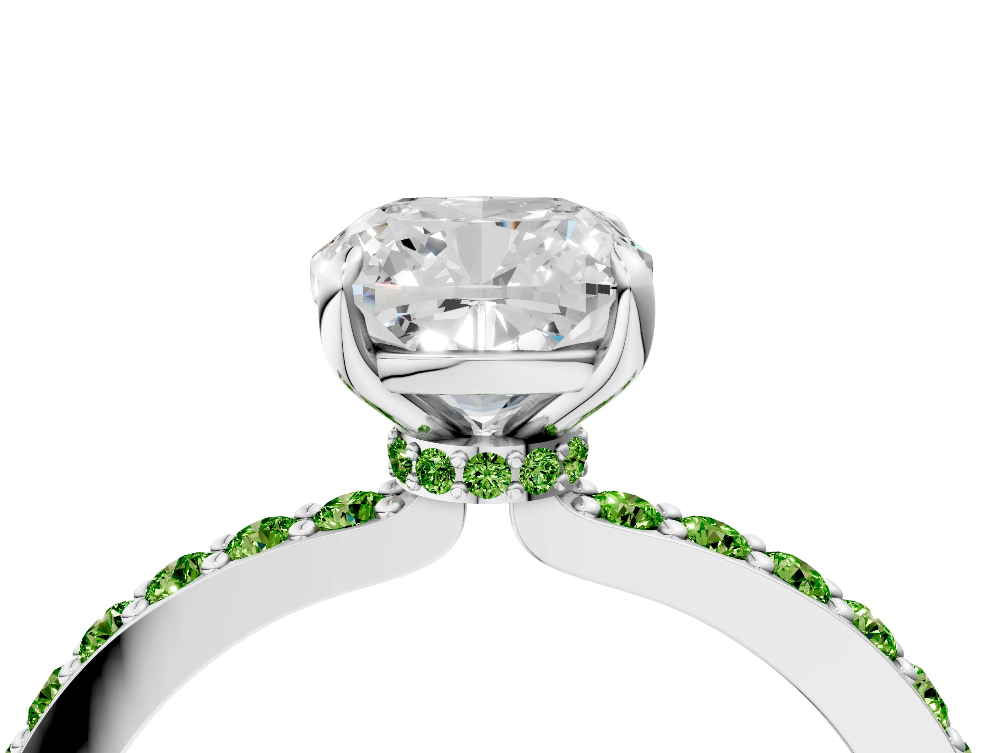 White gold Cushion Cut Diamond Pavé Engagement Ring with Round with Peridot side stone Accents and Prong Setting_16