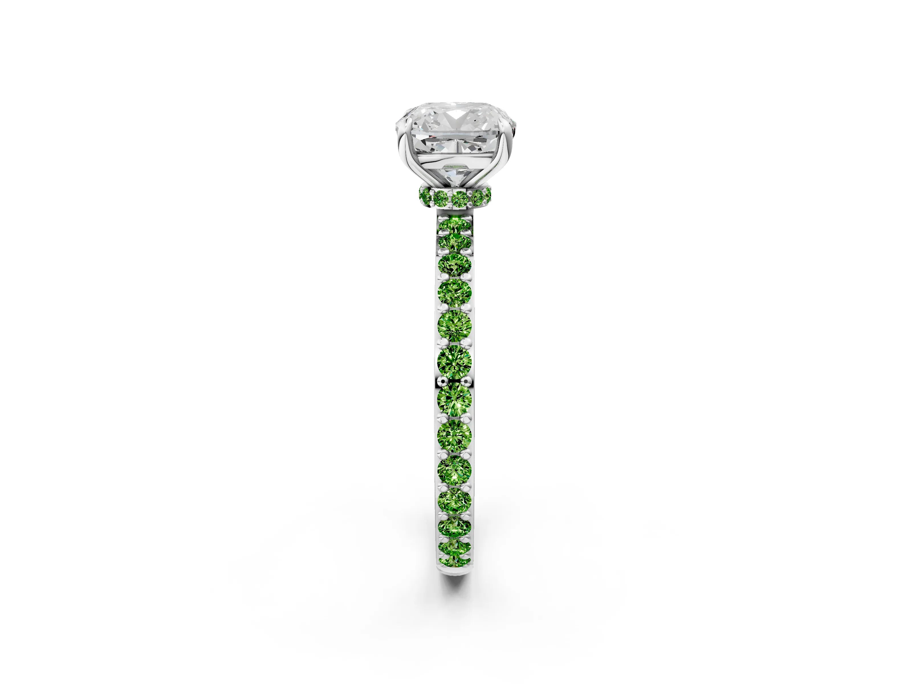 White gold Cushion Cut Diamond Pavé Engagement Ring with Round with Peridot side stone Accents and Prong Setting_2