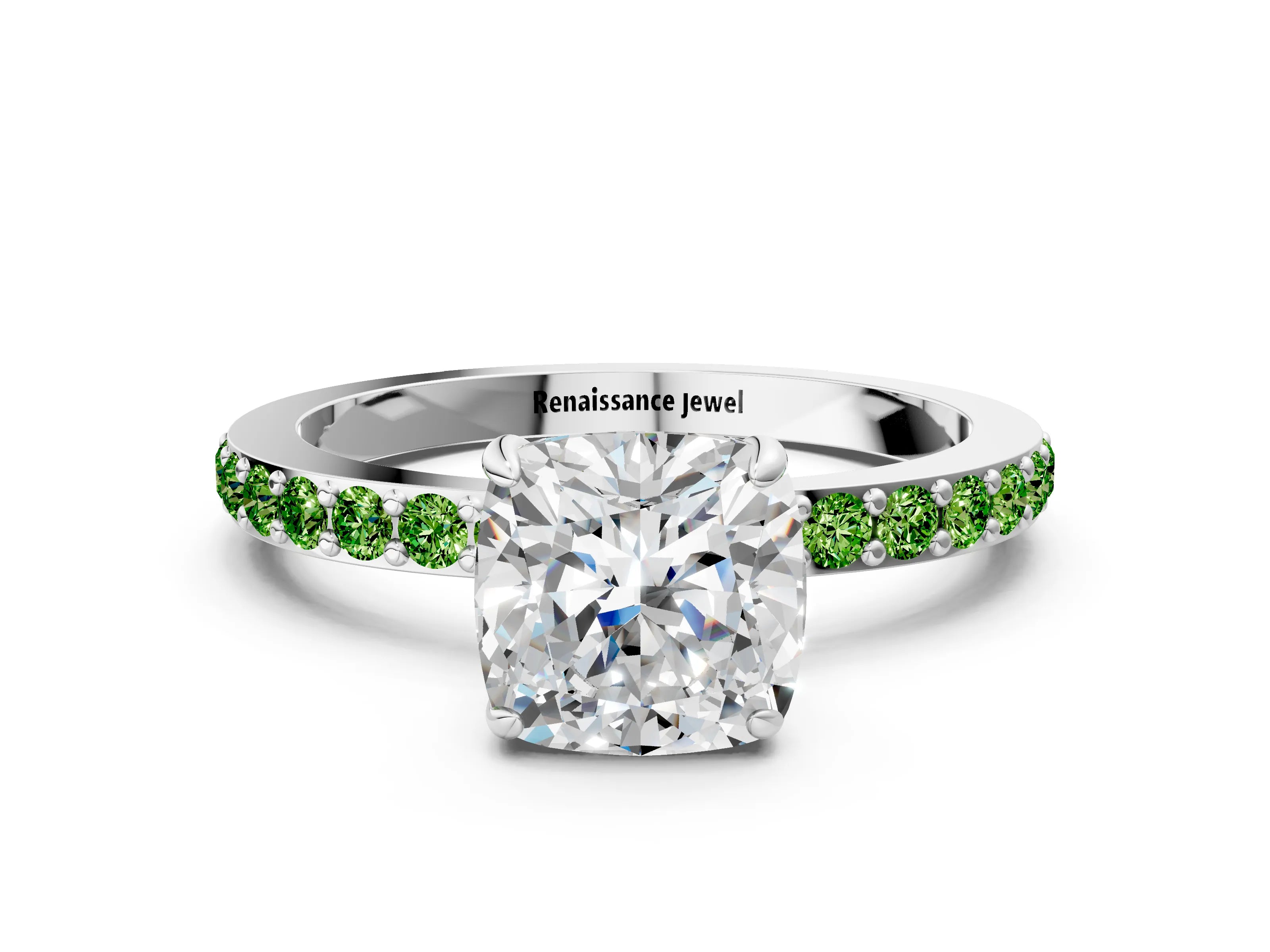 White gold Cushion Cut Diamond Pavé Engagement Ring with Round with Peridot side stone Accents and Prong Setting
