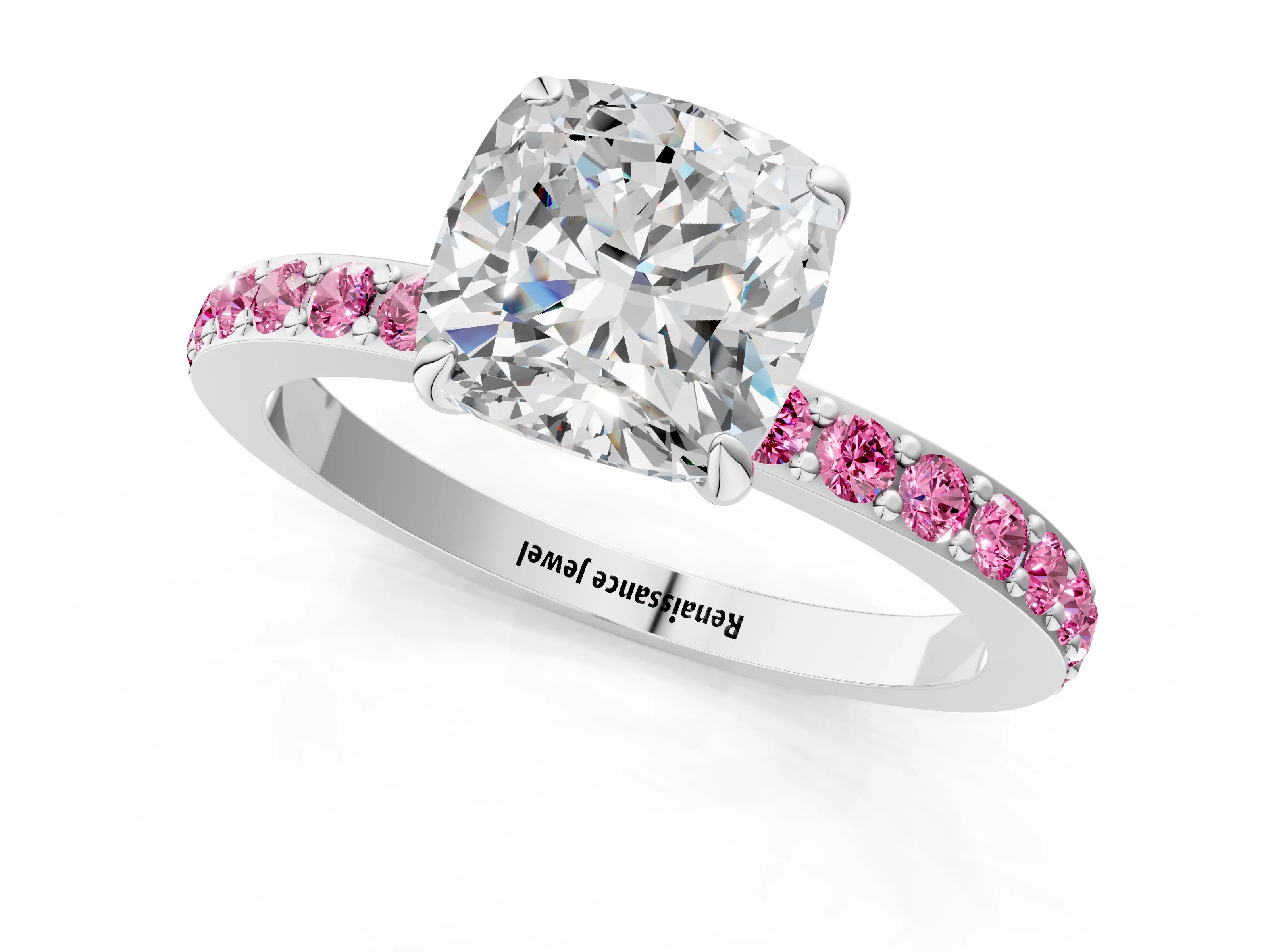 White gold Cushion Cut Diamond Pavé Engagement Ring with Round with Pink Sapphire side stone Accents and Prong Setting_1