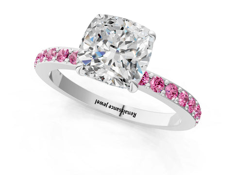 White gold Cushion Cut Diamond Pavé Engagement Ring with Round with Pink Sapphire side stone Accents and Prong Setting_13