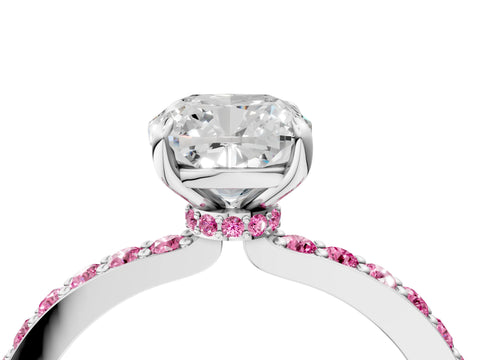 White gold Cushion Cut Diamond Pavé Engagement Ring with Round with Pink Sapphire side stone Accents and Prong Setting_16