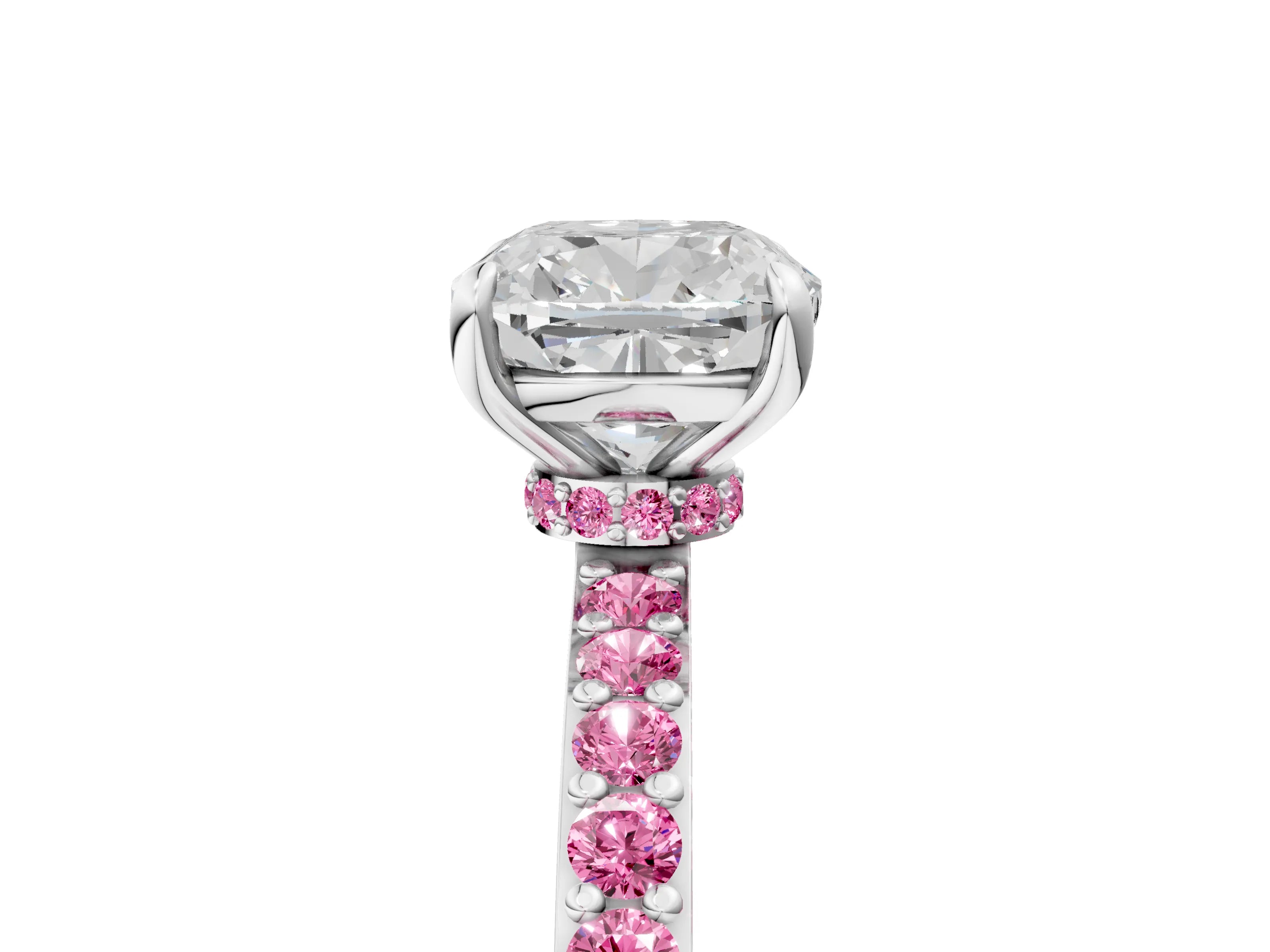 White gold Cushion Cut Diamond Pavé Engagement Ring with Round with Pink Sapphire side stone Accents and Prong Setting_17