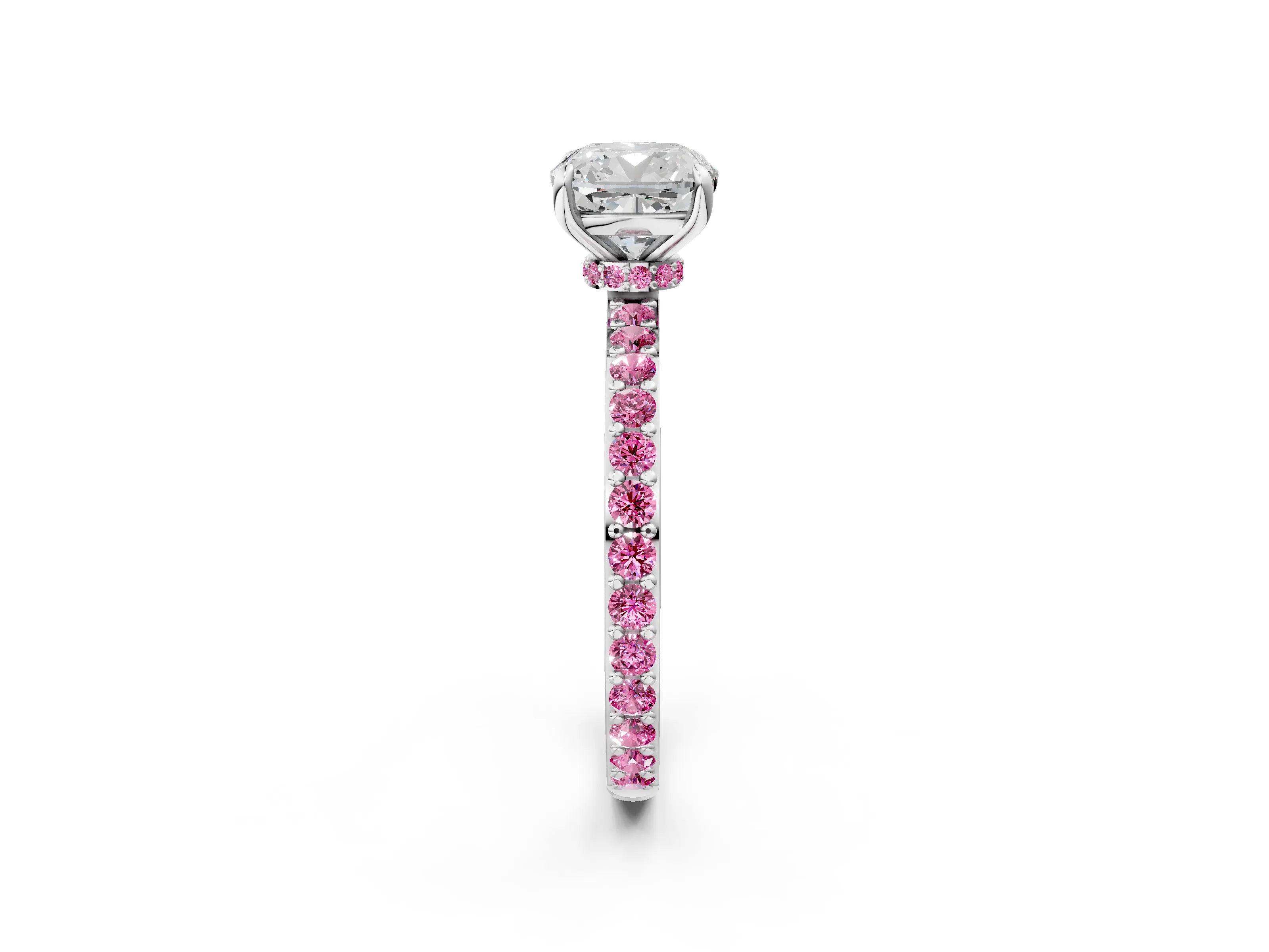 White gold Cushion Cut Diamond Pavé Engagement Ring with Round with Pink Sapphire side stone Accents and Prong Setting_2