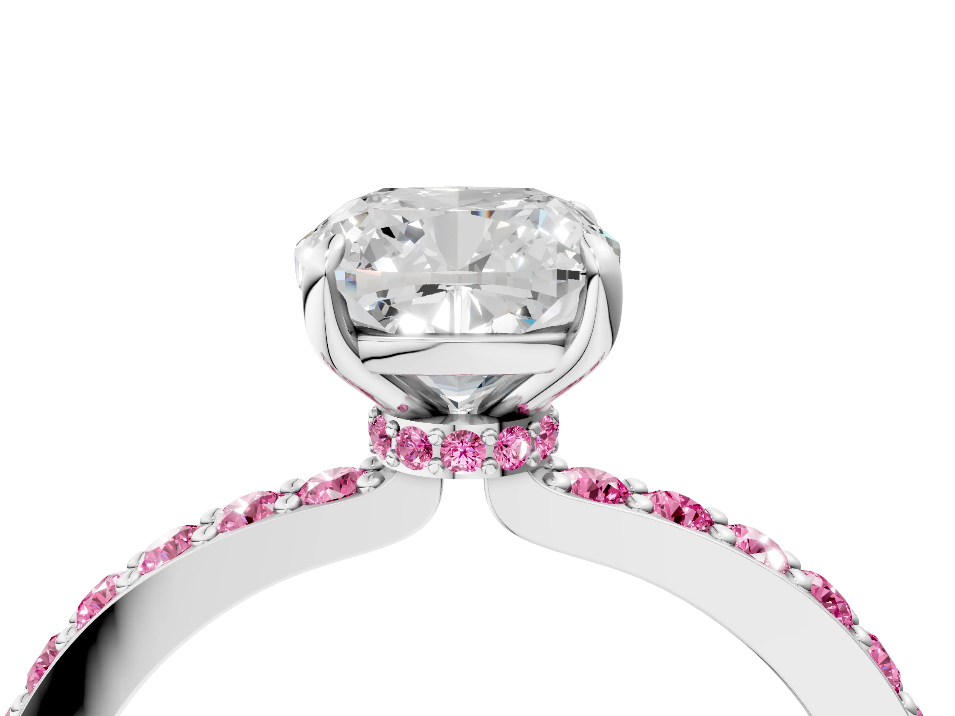 White gold Cushion Cut Diamond Pavé Engagement Ring with Round with Pink Sapphire side stone Accents and Prong Setting_4