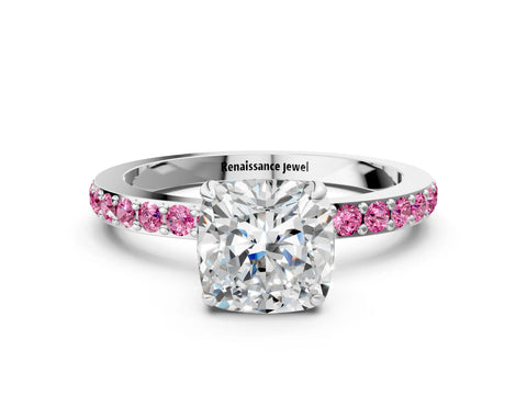 White gold Cushion Cut Diamond Pavé Engagement Ring with Round with Pink Sapphire side stone Accents and Prong Setting