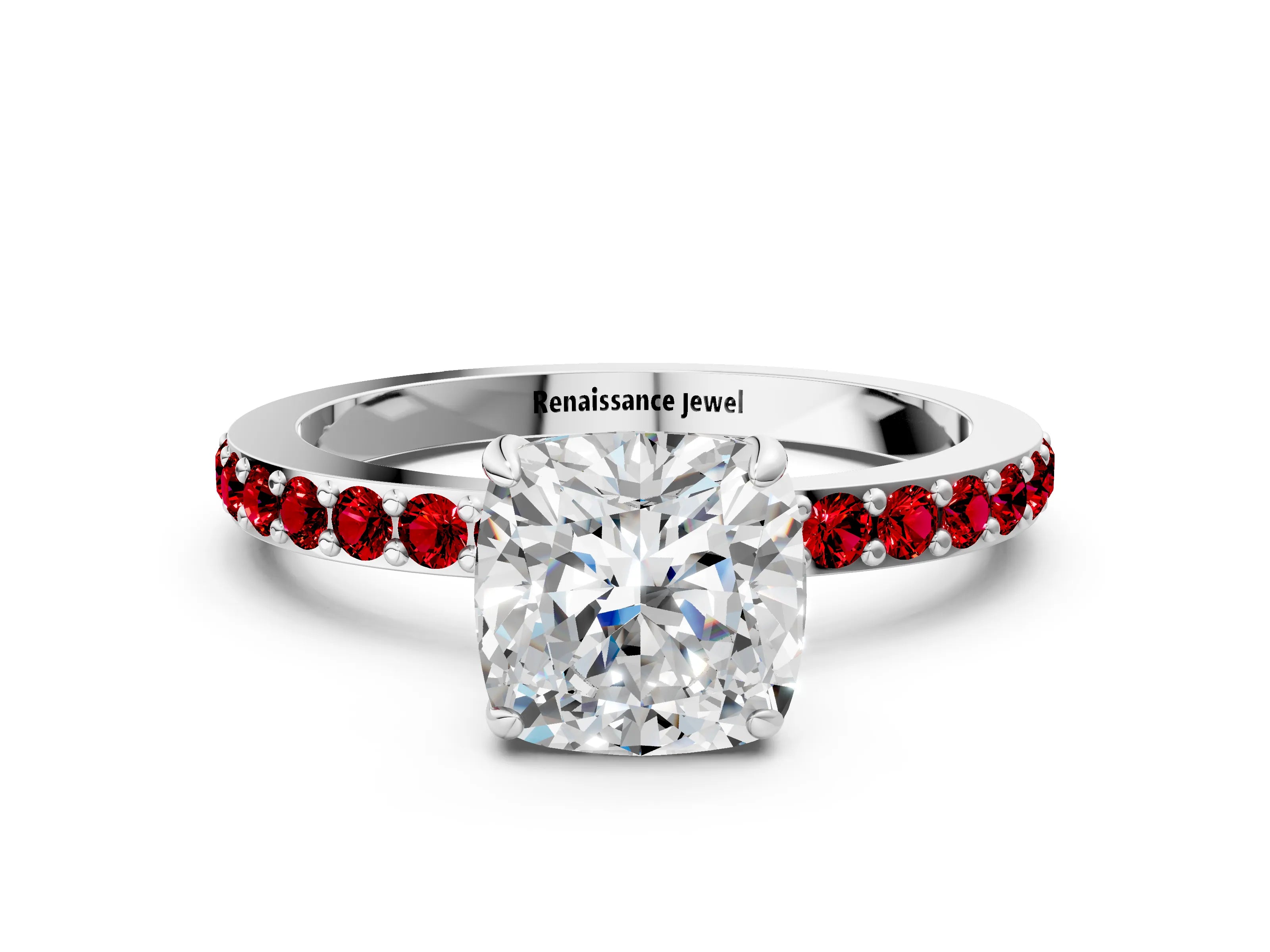 White gold Cushion Cut Diamond Pavé Engagement Ring with Round with Ruby side stone Accents and Prong Setting