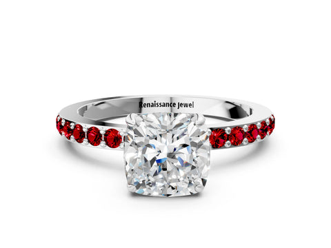 White gold Cushion Cut Diamond Pavé Engagement Ring with Round with Ruby side stone Accents and Prong Setting_12