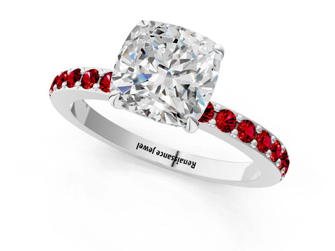 White gold Cushion Cut Diamond Pavé Engagement Ring with Round with Ruby side stone Accents and Prong Setting_13