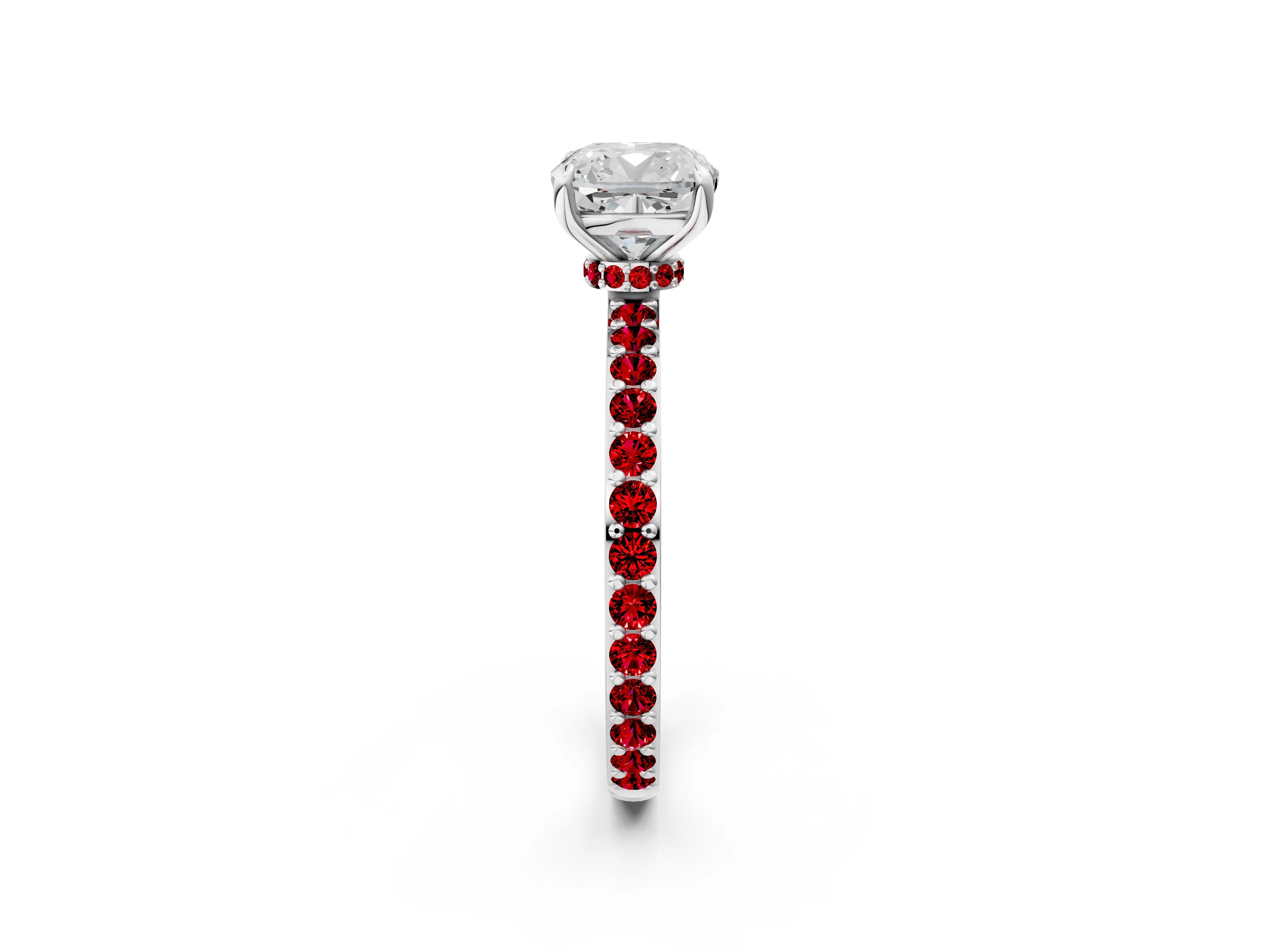 White gold Cushion Cut Diamond Pavé Engagement Ring with Round with Ruby side stone Accents and Prong Setting_2