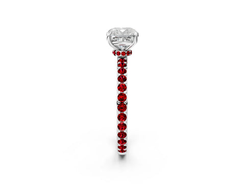 White gold Cushion Cut Diamond Pavé Engagement Ring with Round with Ruby side stone Accents and Prong Setting_2
