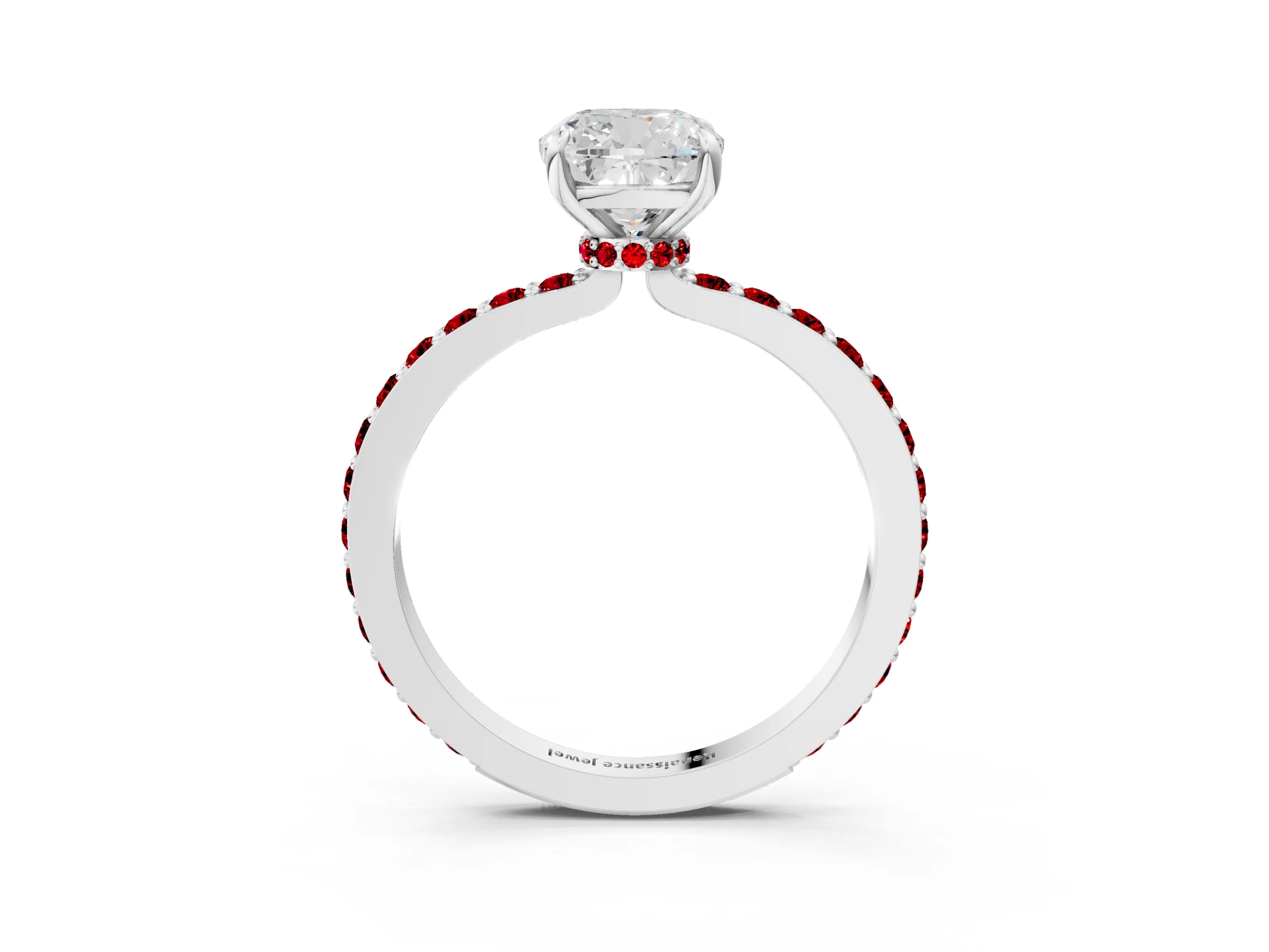 White gold Cushion Cut Diamond Pavé Engagement Ring with Round with Ruby side stone Accents and Prong Setting_3