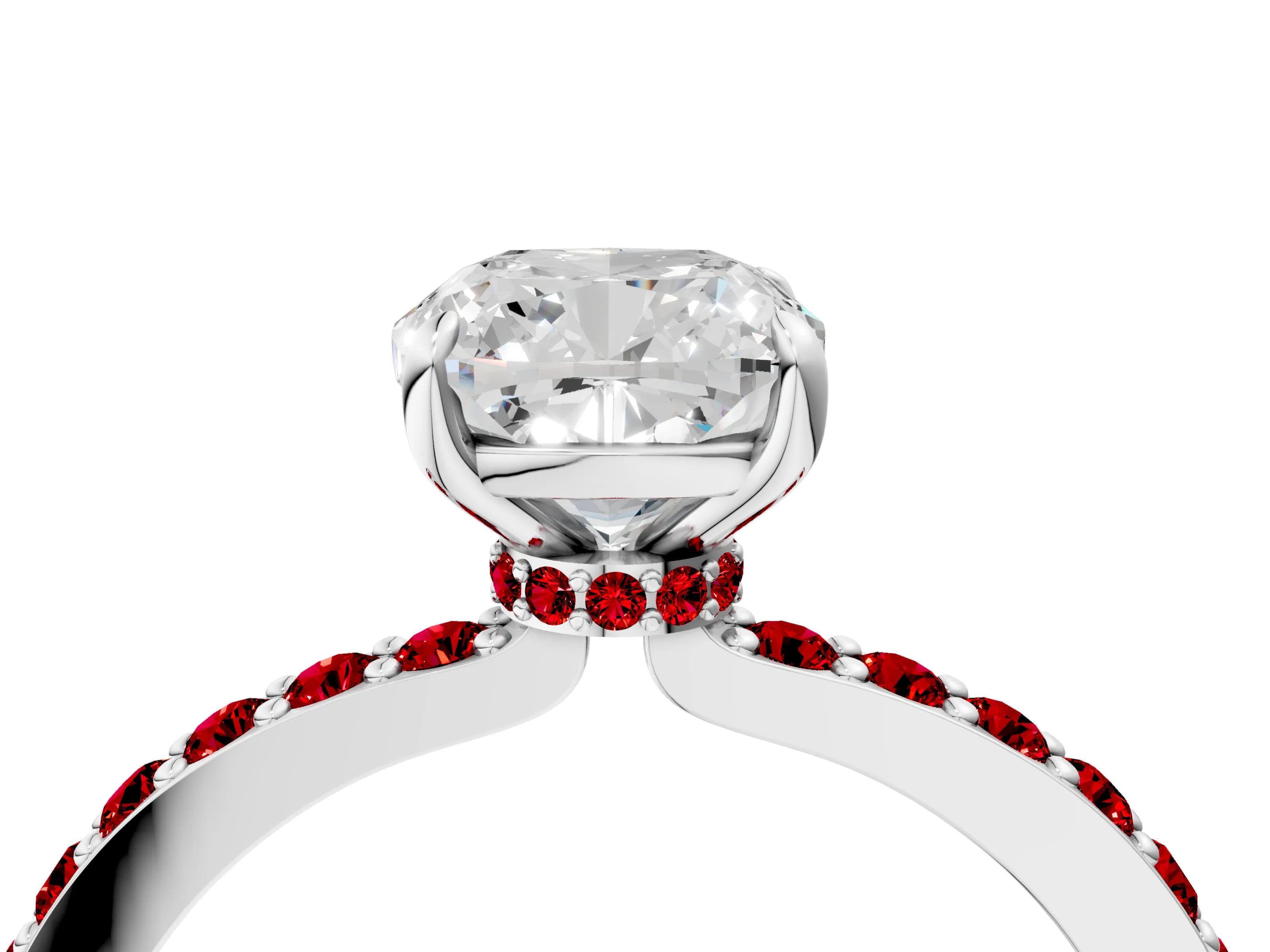 White gold Cushion Cut Diamond Pavé Engagement Ring with Round with Ruby side stone Accents and Prong Setting_4
