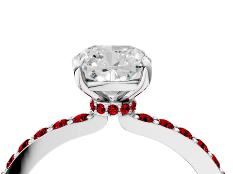 White gold Cushion Cut Diamond Pavé Engagement Ring with Round with Ruby side stone Accents and Prong Setting_4