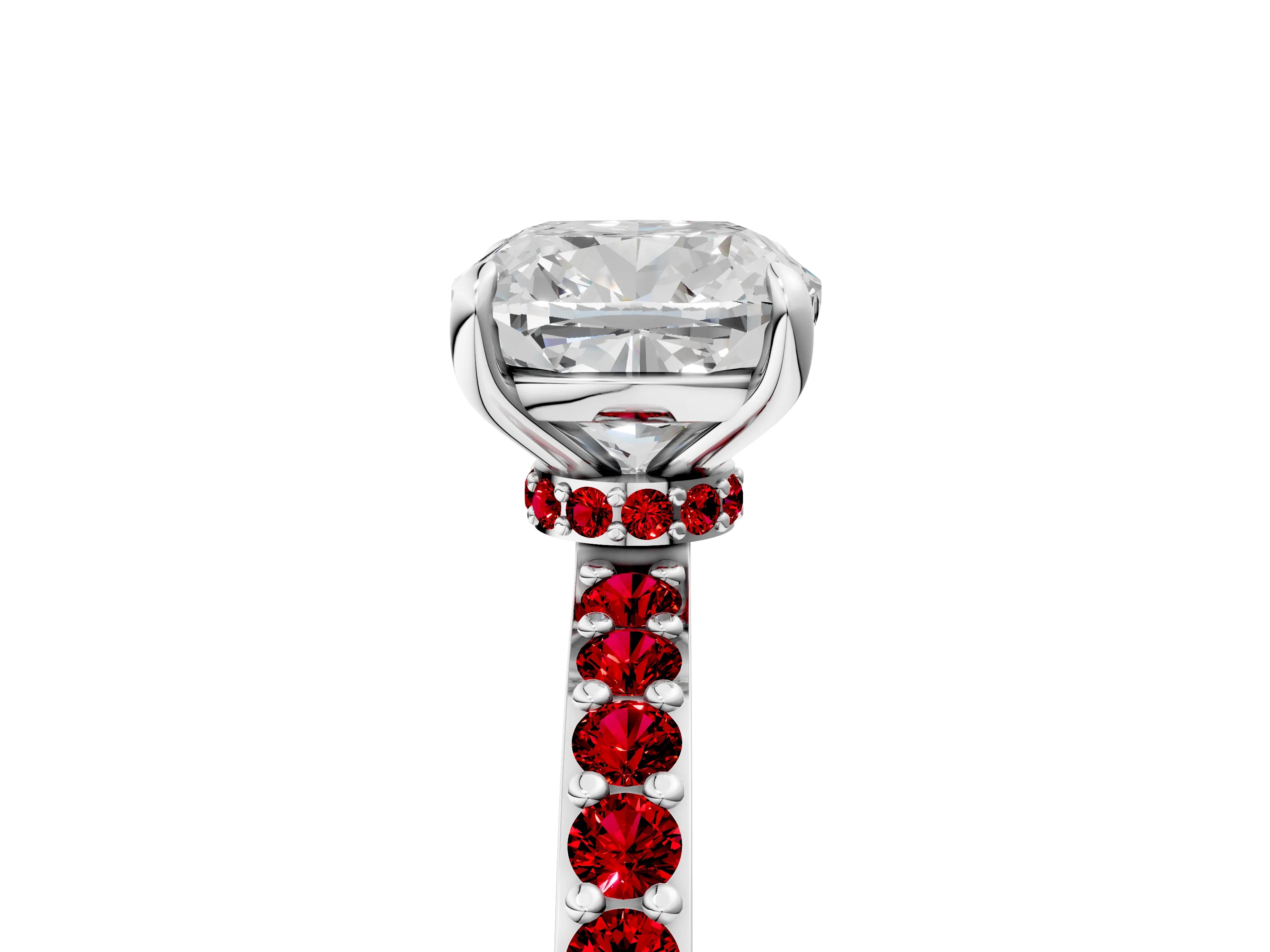 White gold Cushion Cut Diamond Pavé Engagement Ring with Round with Ruby side stone Accents and Prong Setting_5