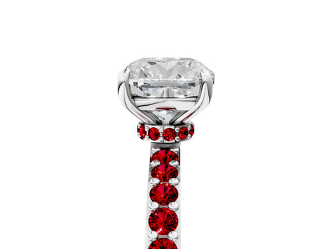 White gold Cushion Cut Diamond Pavé Engagement Ring with Round with Ruby side stone Accents and Prong Setting_5