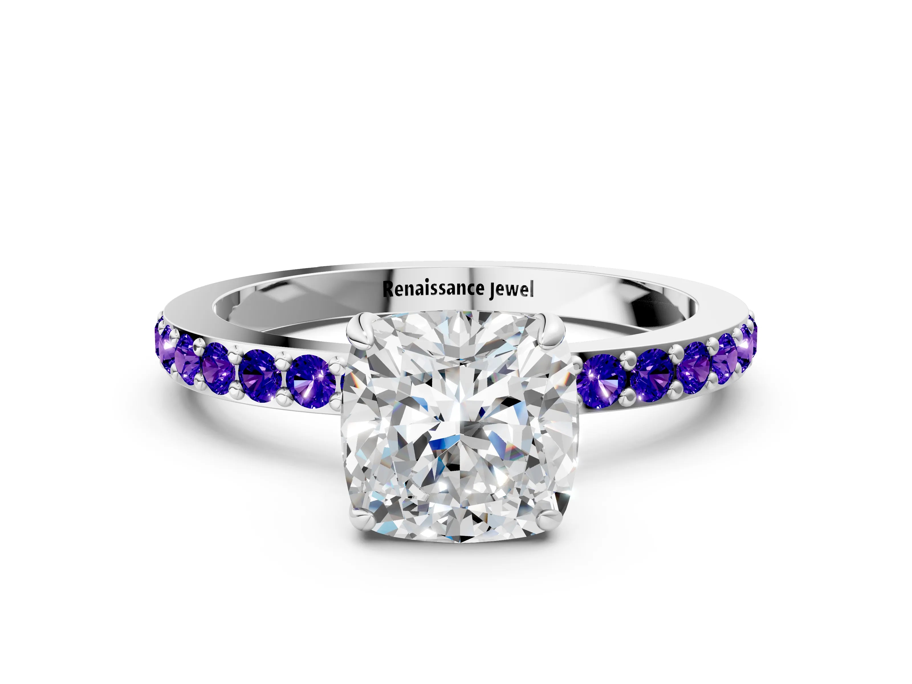 White gold Cushion Cut Diamond Pavé Engagement Ring with Round with Tanzanite side stone Accents and Prong Setting