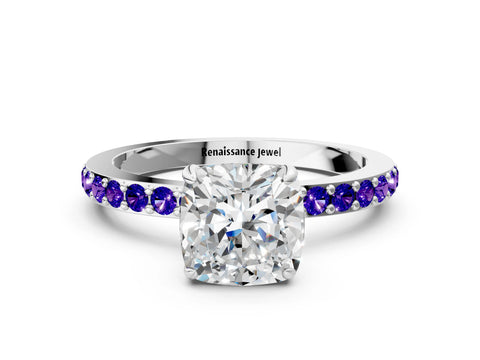 White gold Cushion Cut Diamond Pavé Engagement Ring with Round with Tanzanite side stone Accents and Prong Setting_12
